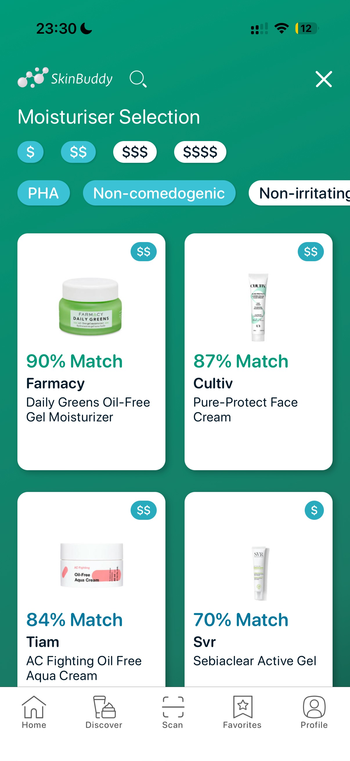 SkinBuddy moisturizer recommendations filtered by PHA, non-comedogenic, and non-irritating options for sensitive skin.