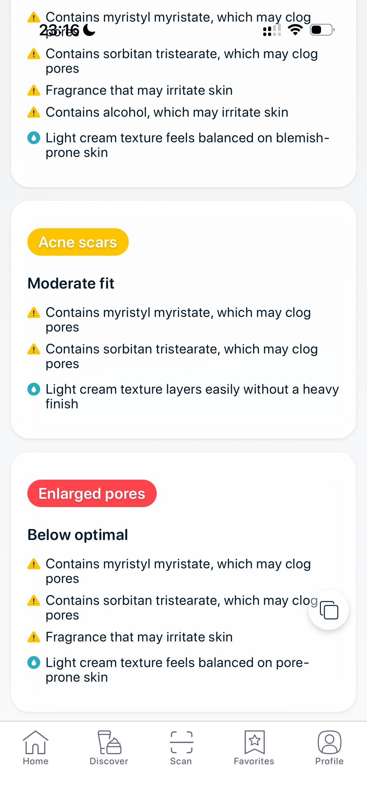 SkinBuddy app analyzing skincare product for acne scars showing pore clogging ingredients, fragrance irritation risk and suitability for enlarged pores