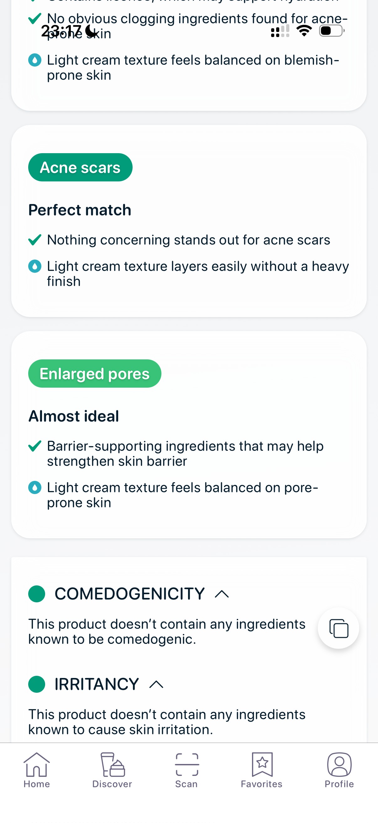 SkinBuddy app showing skincare product suitable for acne scars with no comedogenic ingredients and low irritation risk supporting skin healing