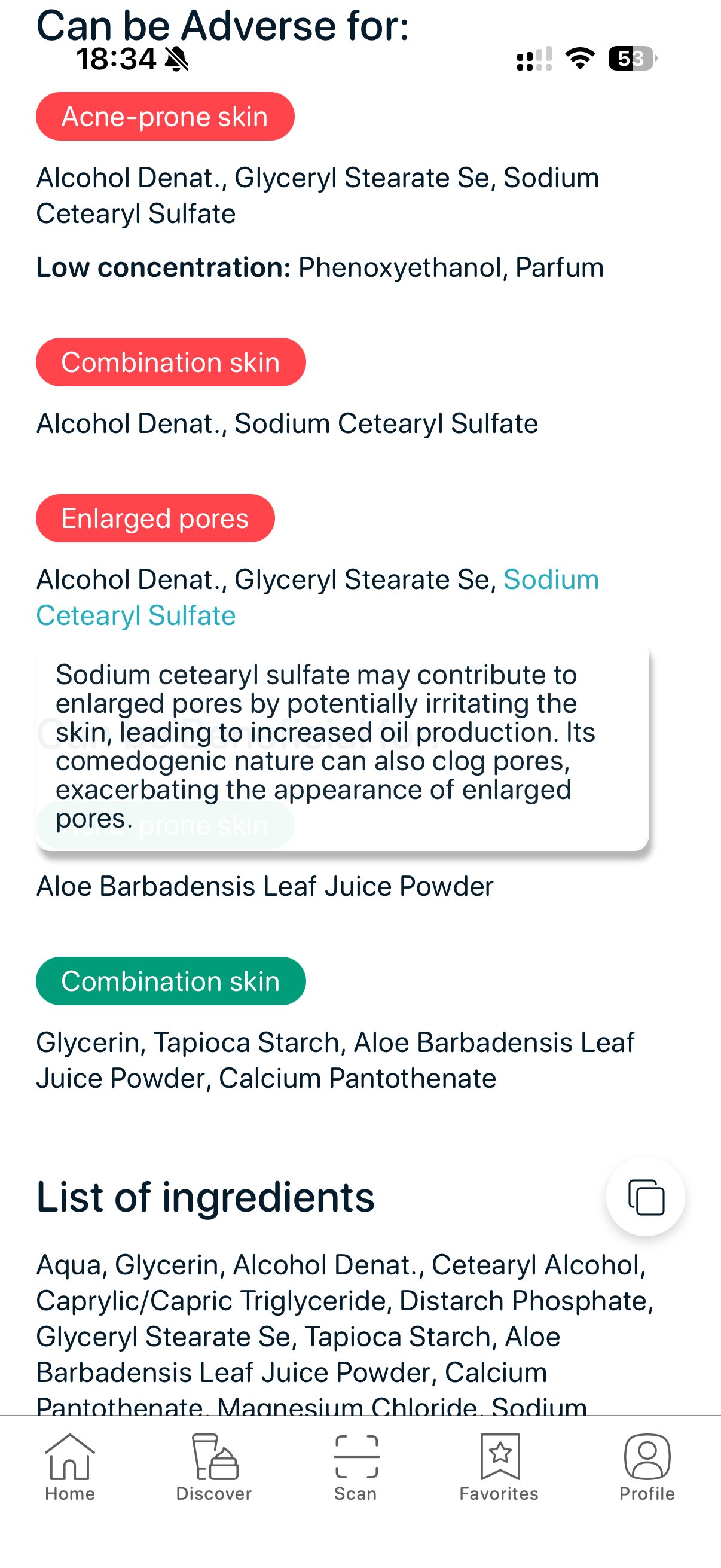 SkinBuddy ingredient analysis showing Alcohol Denat and other ingredients that can worsen enlarged pores and acne-prone skin.