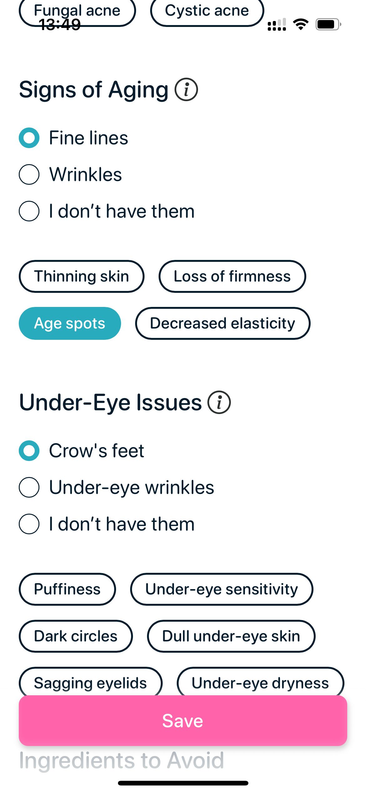 Personalized skincare setup for age spots and wrinkles in the SkinBuddy app