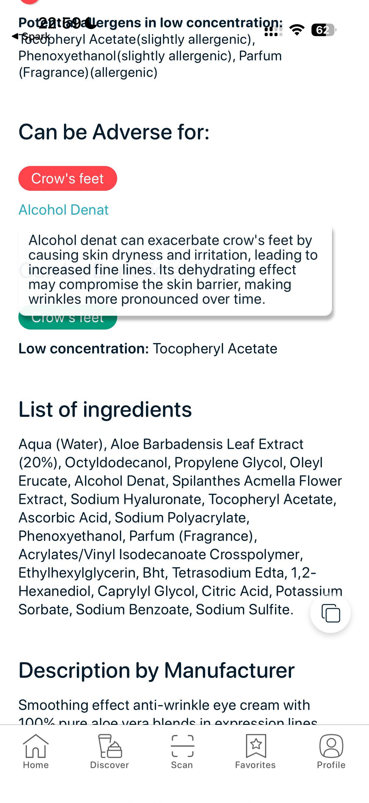 SkinBuddy analysis showing how alcohol denat can worsen crow’s feet by causing dryness and irritation.