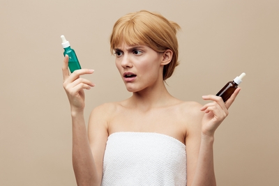 Woman examining two skincare serum bottles with a confused expression, illustrating uncertainty about Alcohol Denat and its effects on the skin barrier.