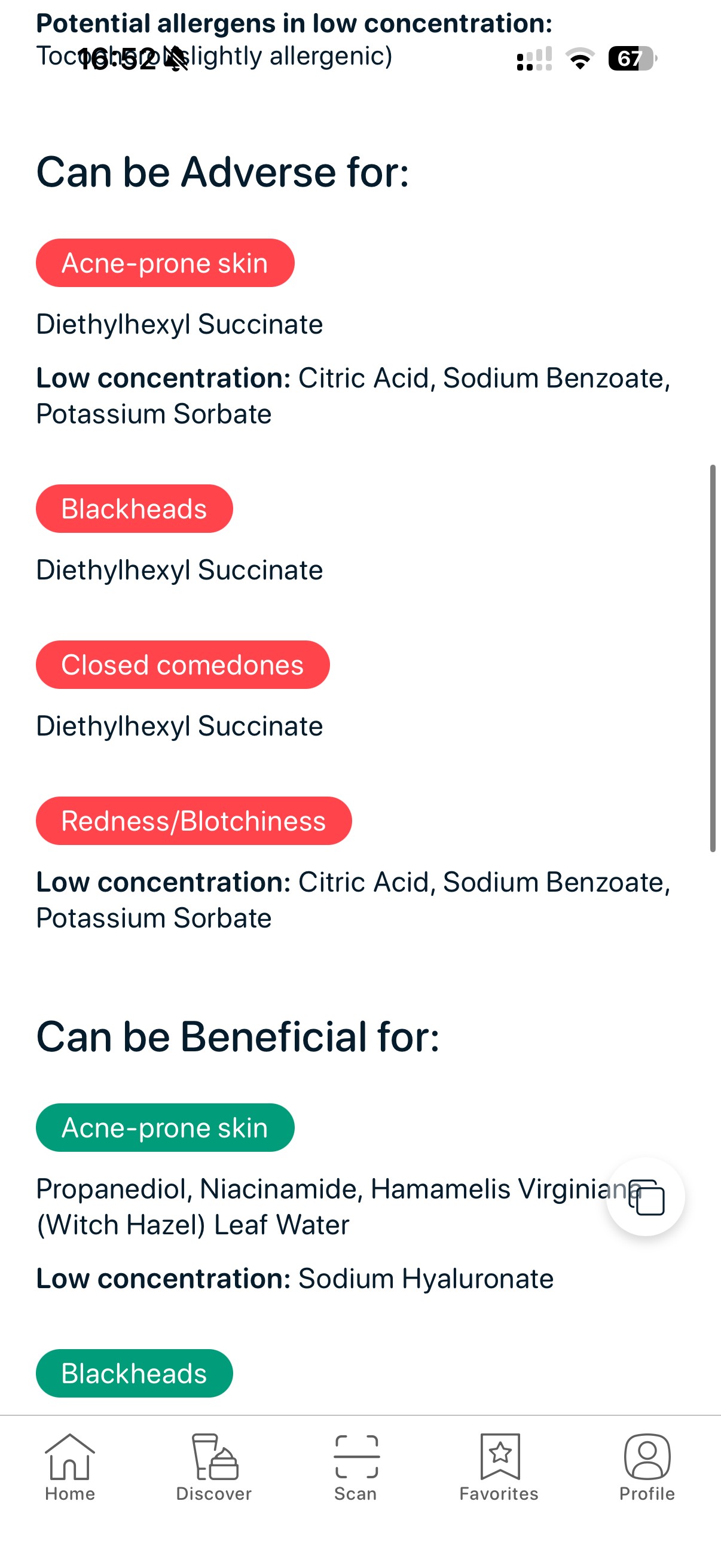 SkinBuddy ingredient analysis showing potential irritants for acne-prone and redness-prone skin.