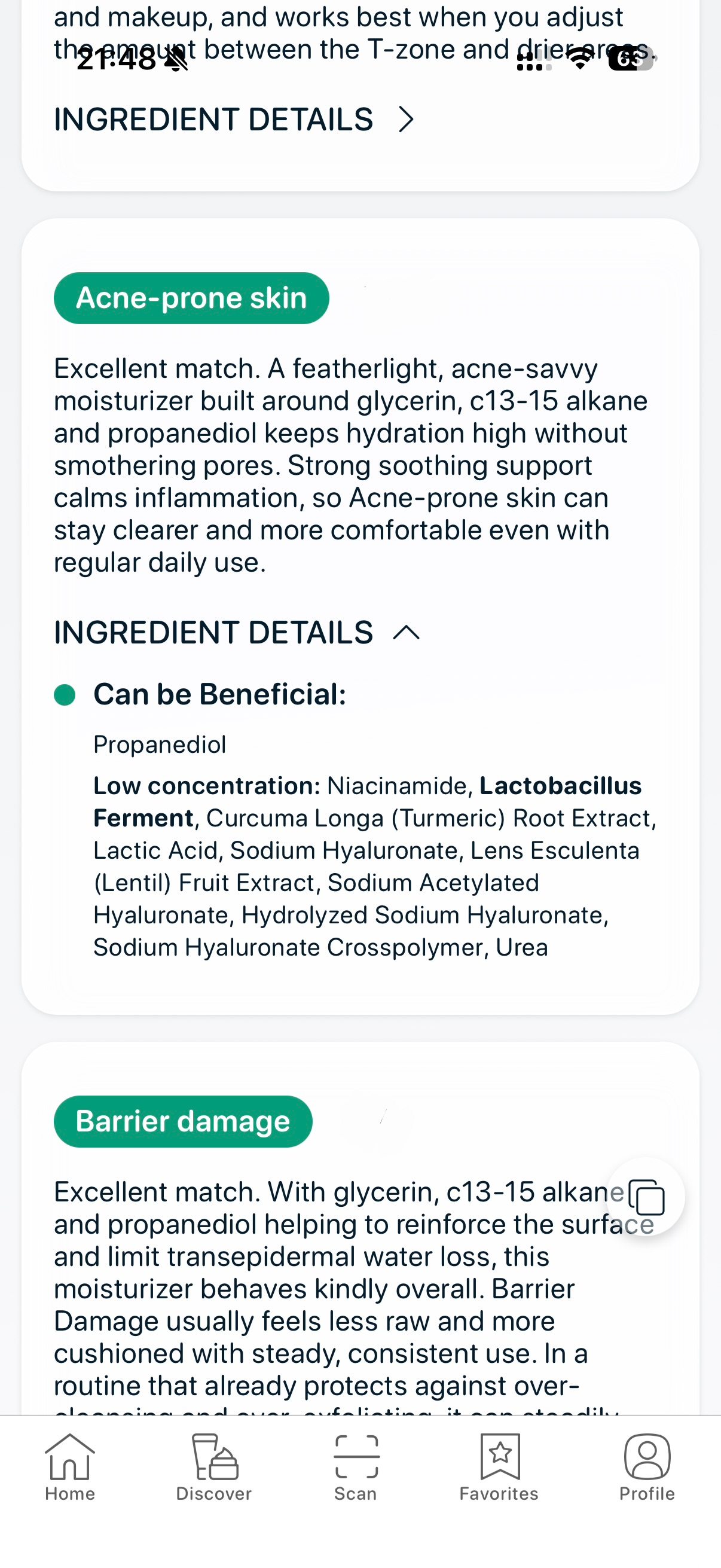 SkinBuddy app showing probiotic skincare benefits for acne prone skin