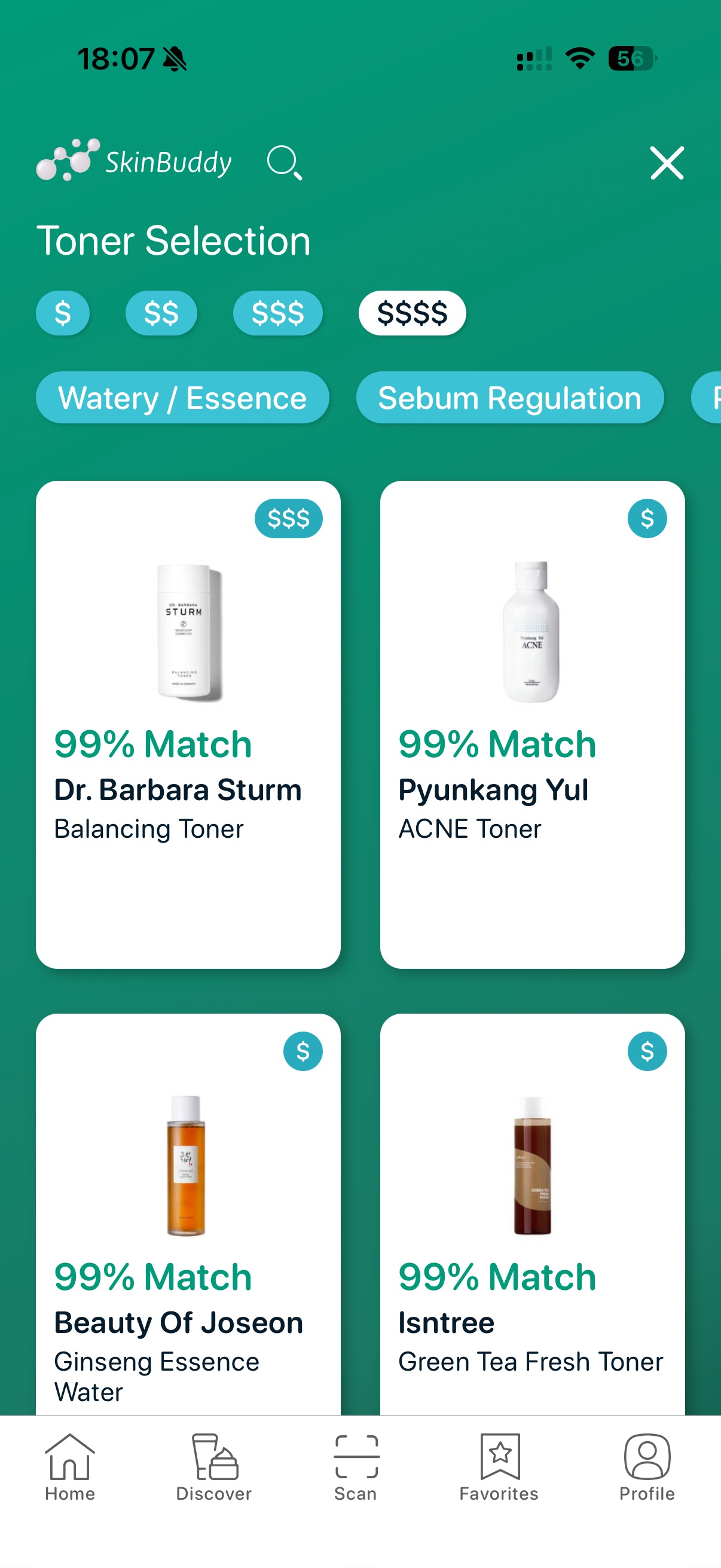 Personalized toner recommendations in the SkinBuddy app, matching products to skin type and minimizing drying alcohols.