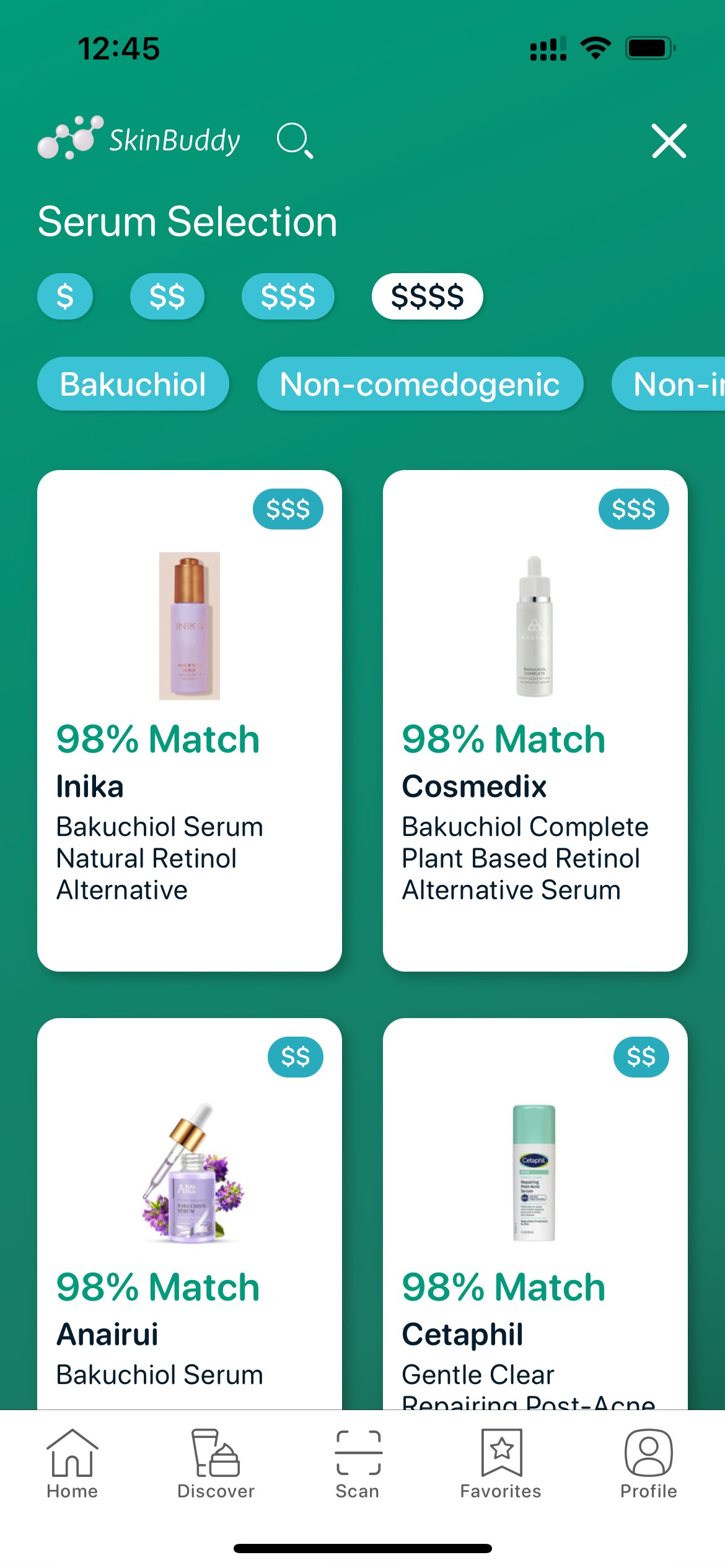 SkinBuddy serum selection filtered by Bakuchiol and non-comedogenic—best plant-based retinol alternatives for acne-prone skin