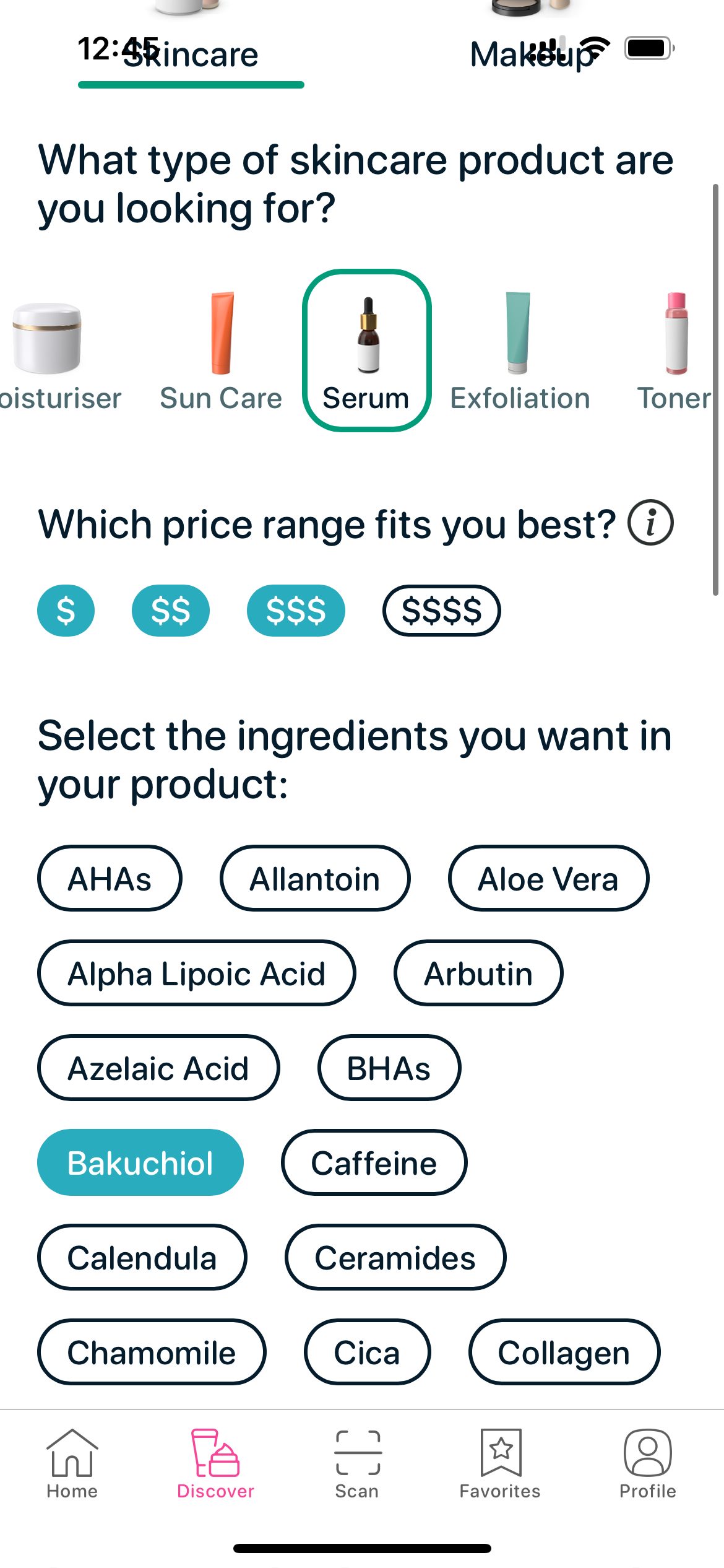 SkinBuddy Discover screen showing Serum chosen and Bakuchiol ingredient selected to find top bakuchiol serums