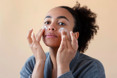 Woman applying ceramide moisturizer to cheeks — skin barrier repair and deep hydration for sensitive, dry skin.