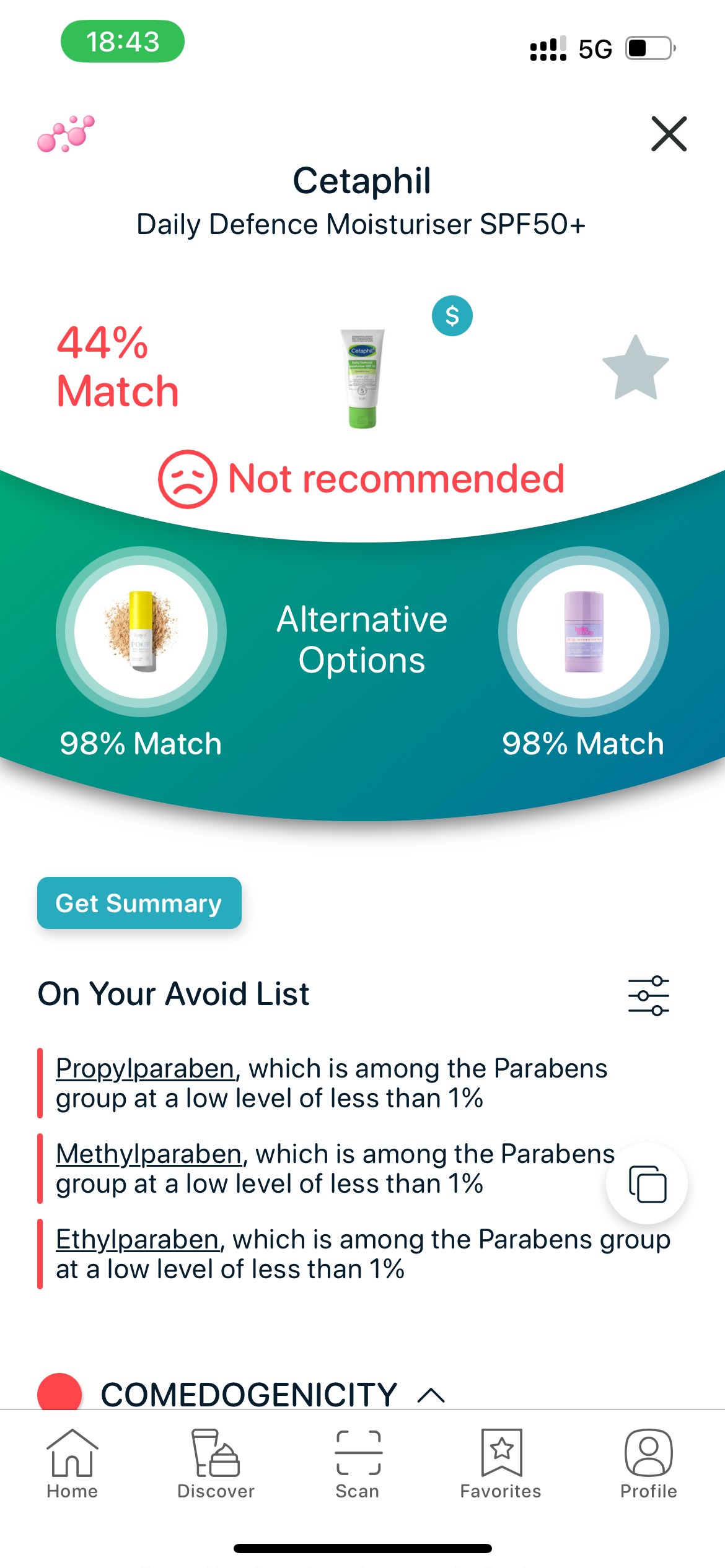 SkinBuddy product detail page showing Cetaphil Daily Defence Moisturiser SPF50+ ingredient review and paraben warnings