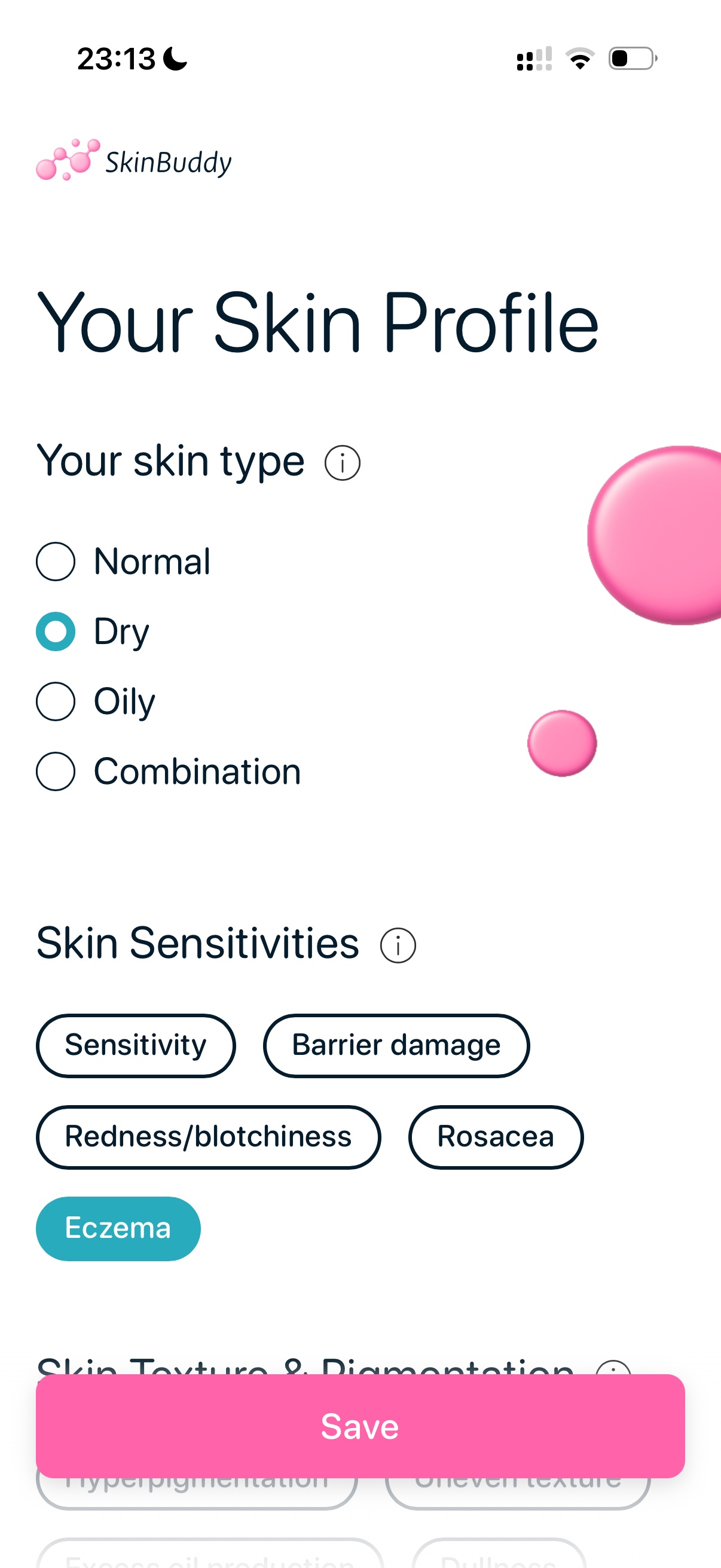 Eczema skin profile selection in skincare app for personalized routine