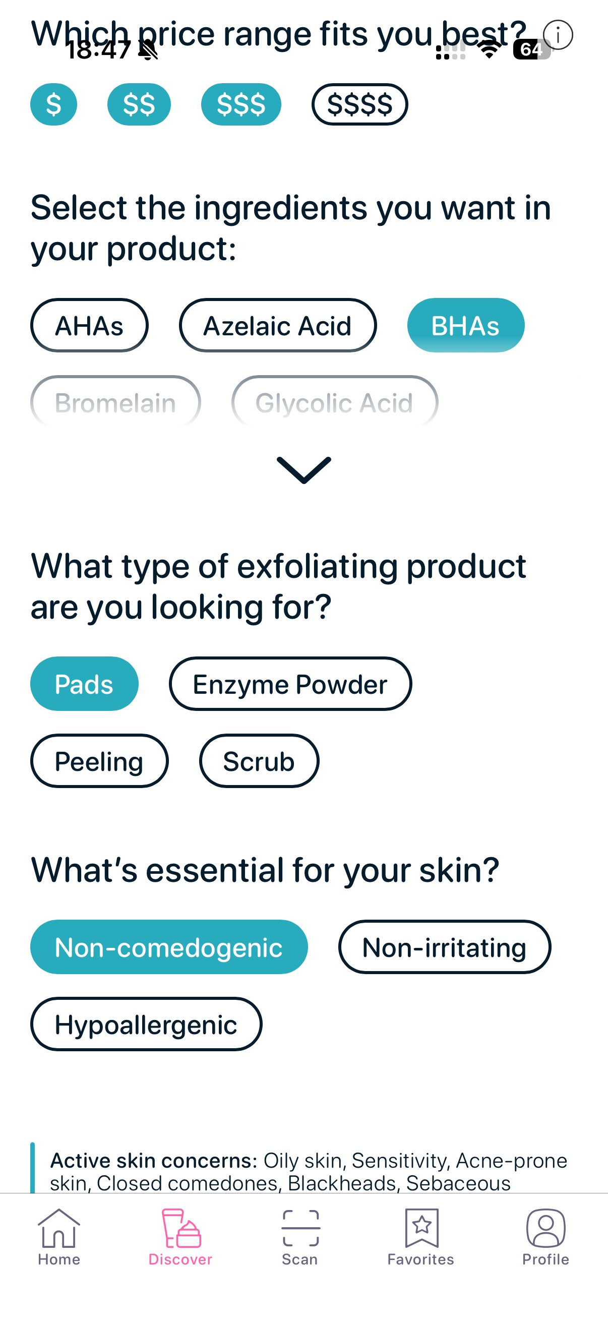 Chemical exfoliation settings with BHA acids and non-comedogenic filters for acne-prone skin