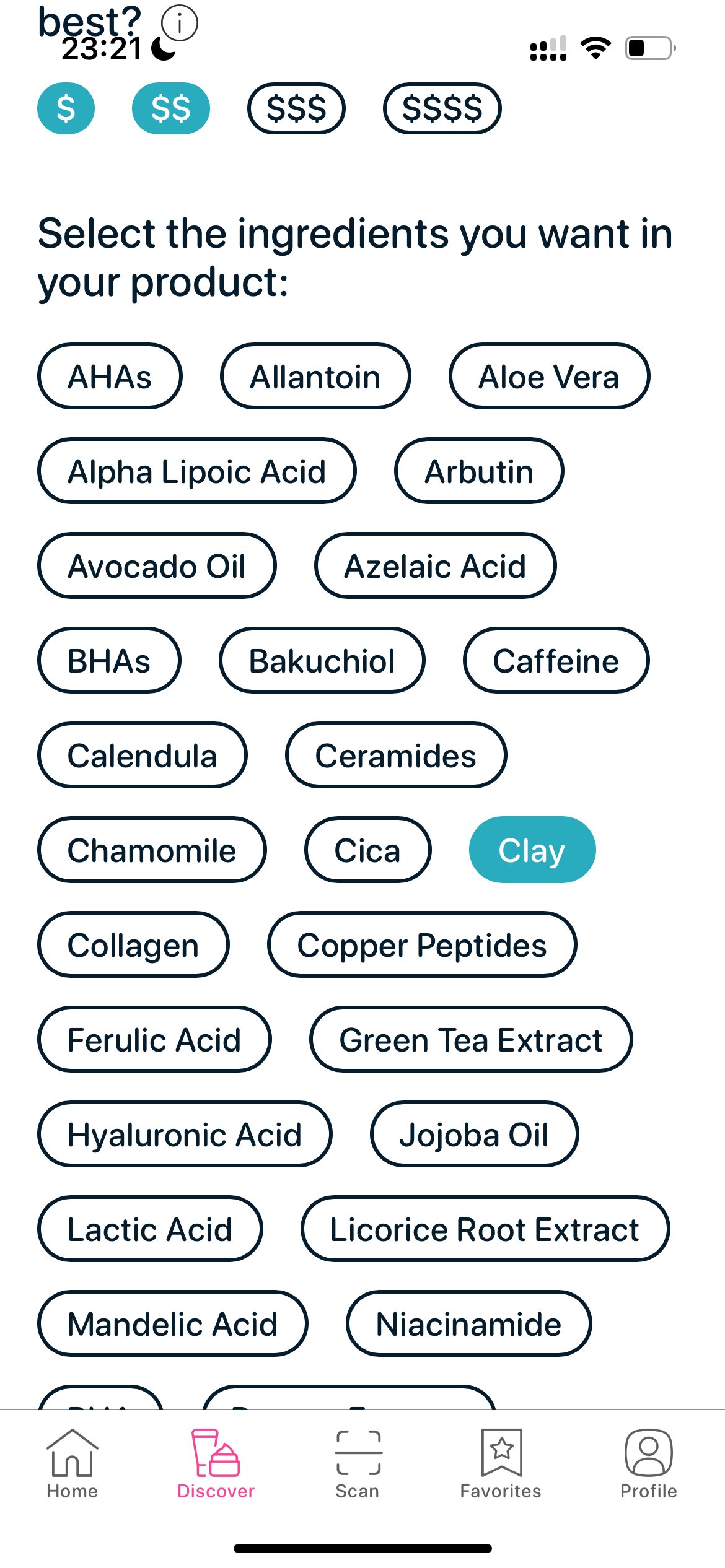 SkinBuddy app ingredient filter with clay selected to find the best clay mask for sensitive skin.