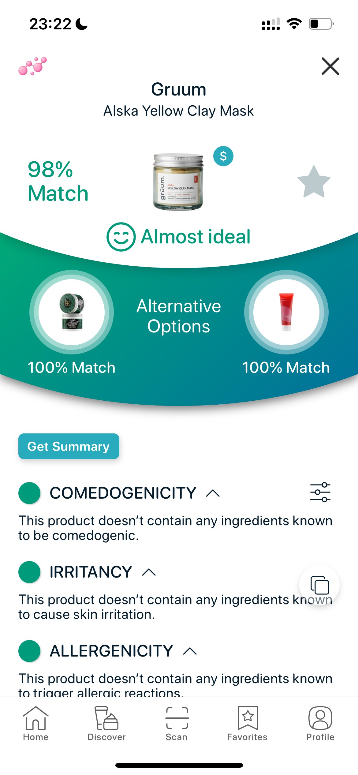 App analysis of clay mask for sensitive skin showing match score, ingredient safety, comedogenicity and irritancy checks.