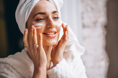 Woman applying moisturizer that may cause breakouts or clogged pores on acne-prone skin