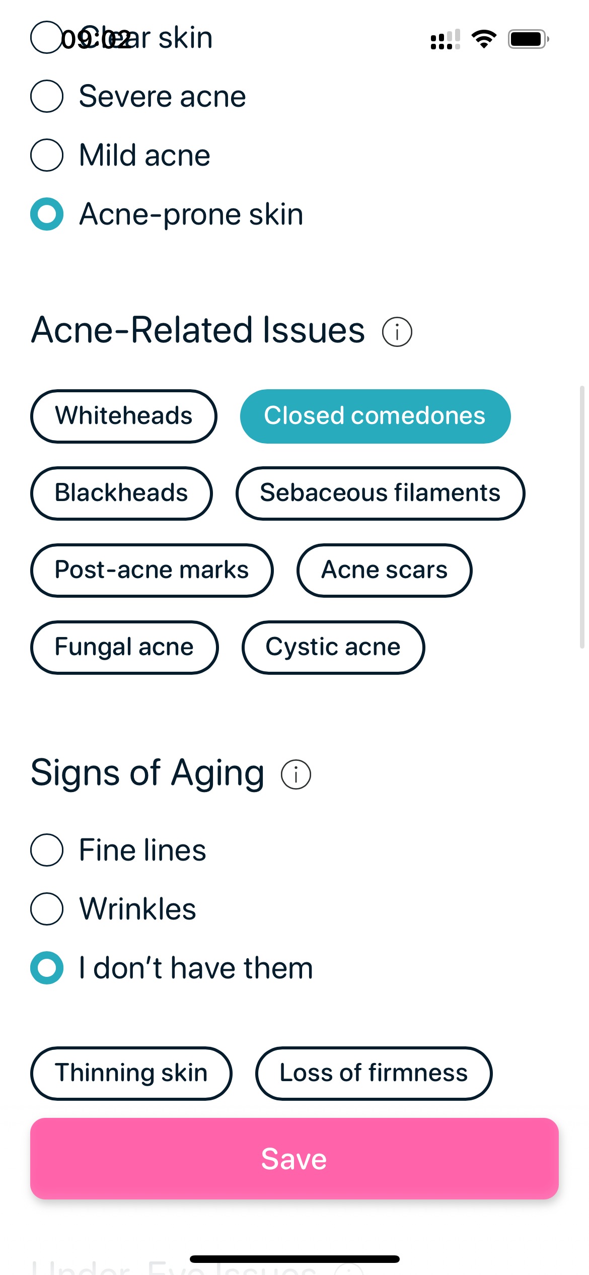 Set up acne-prone skin and closed comedones in the SkinBuddy app to find pore-safe skincare.