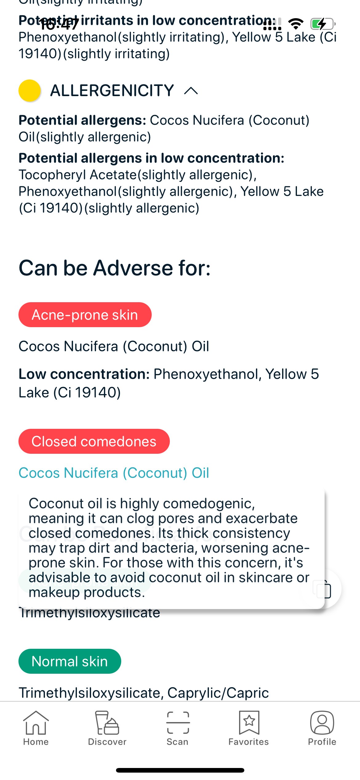 SkinBuddy app highlighting coconut oil as a pore-clogging ingredient in makeup and skincare products.