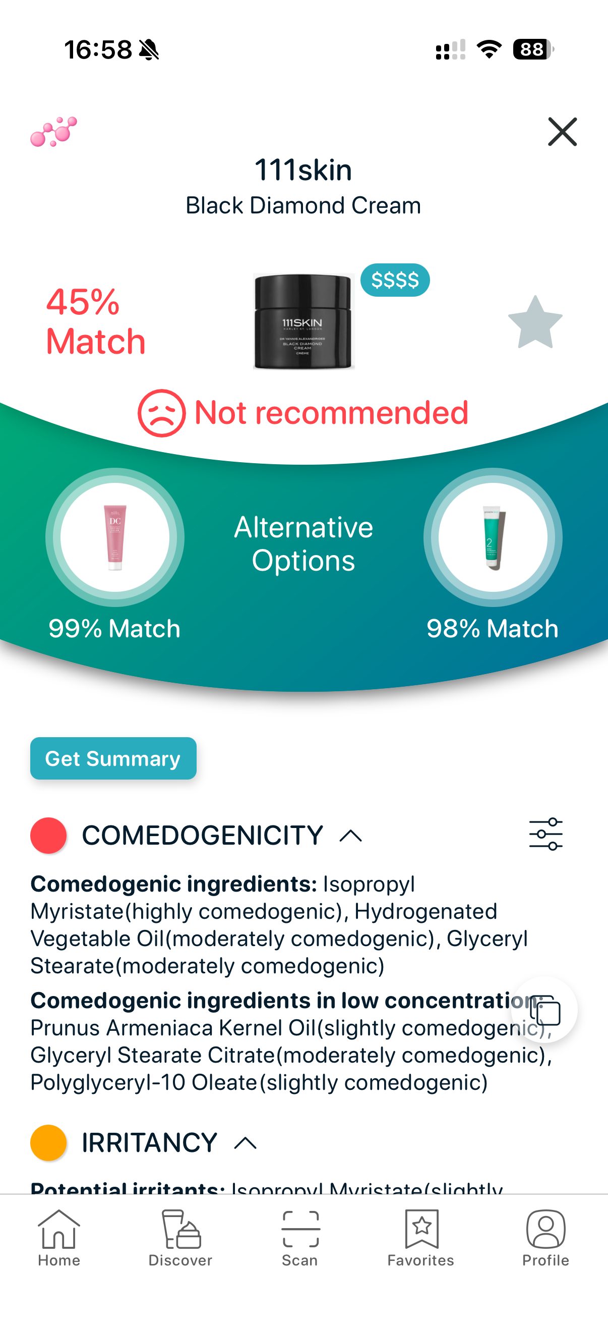 SkinBuddy app analysis showing 111Skin Black Diamond Cream flagged as not recommended due to comedogenic ingredients and acne risk.