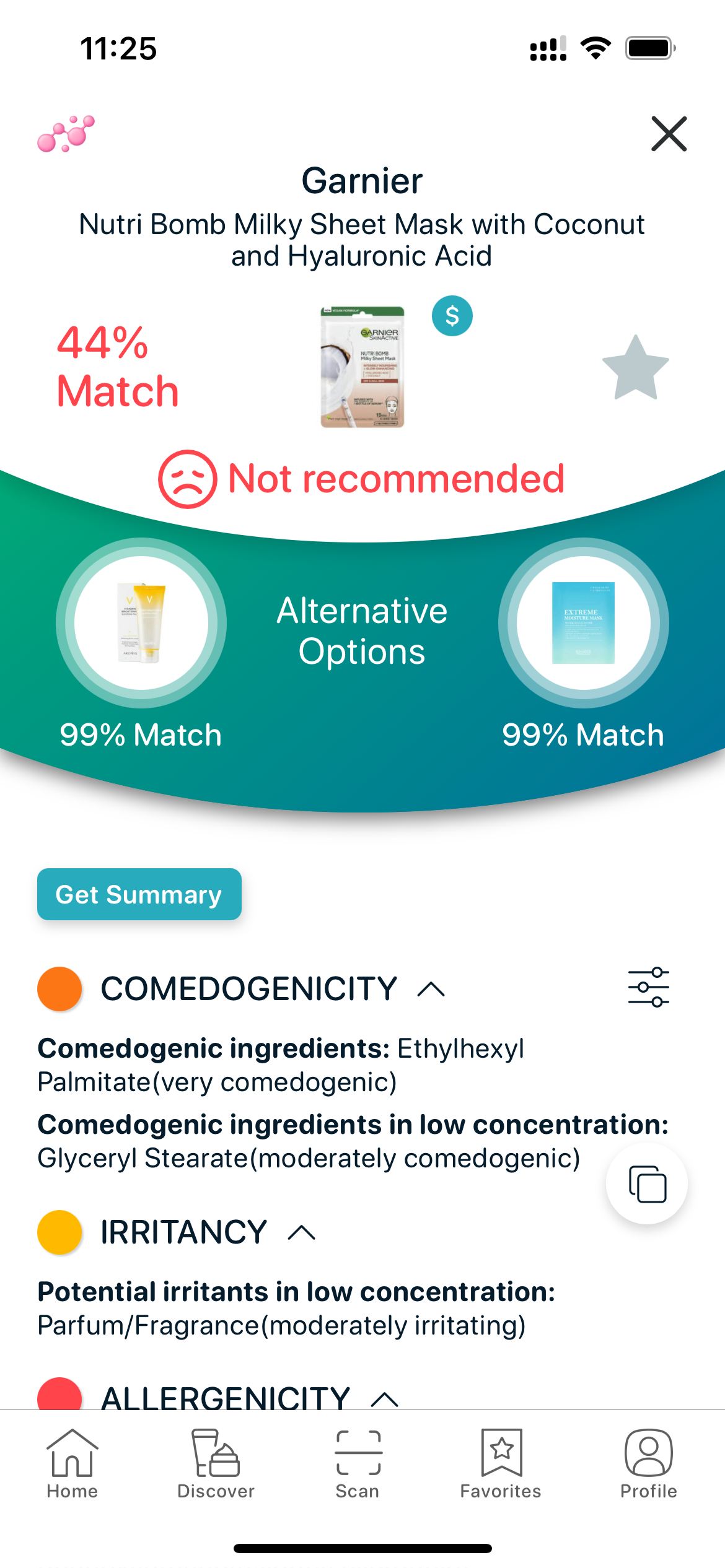 SkinBuddy transparent product analysis — Garnier sheet mask with a personalized match score by your concerns; comedogenic and fragrance-irritant flags shown with safer non-comedogenic alternatives.