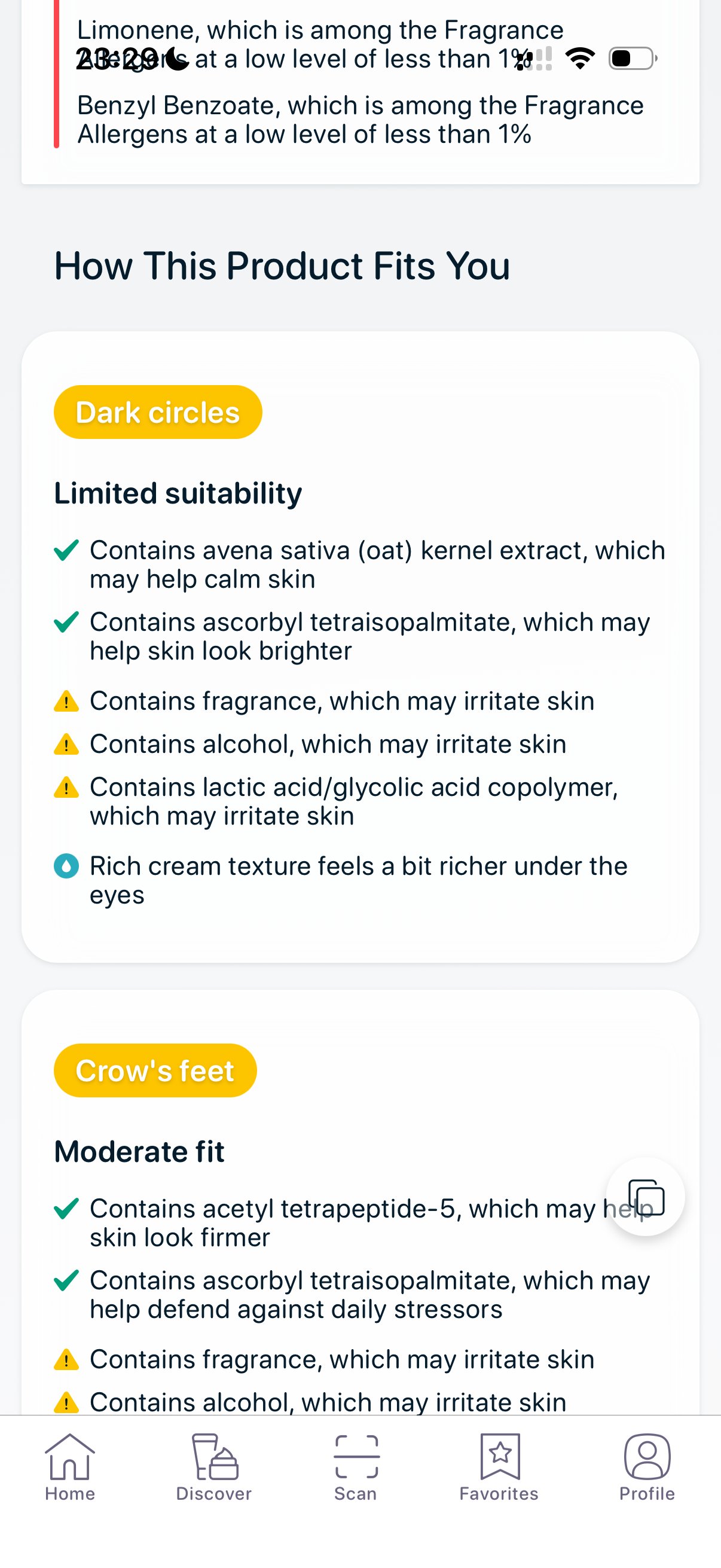 SkinBuddy app analyzing eye cream for dark circles showing fragrance, alcohol and exfoliating ingredients that may irritate sensitive under eye skin