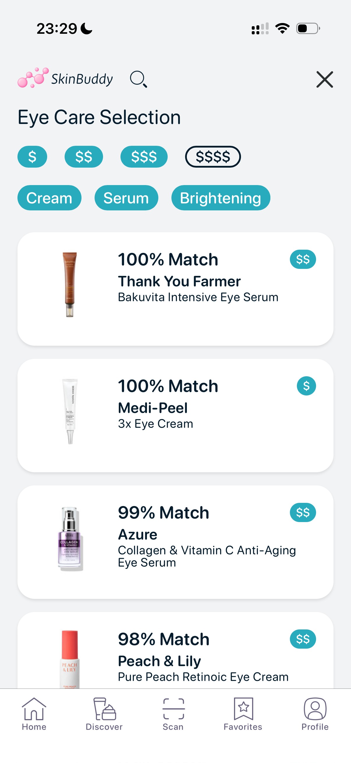 SkinBuddy app eye care selection screen with best eye creams and serums for dark circles ranked by match and personalized skincare filters