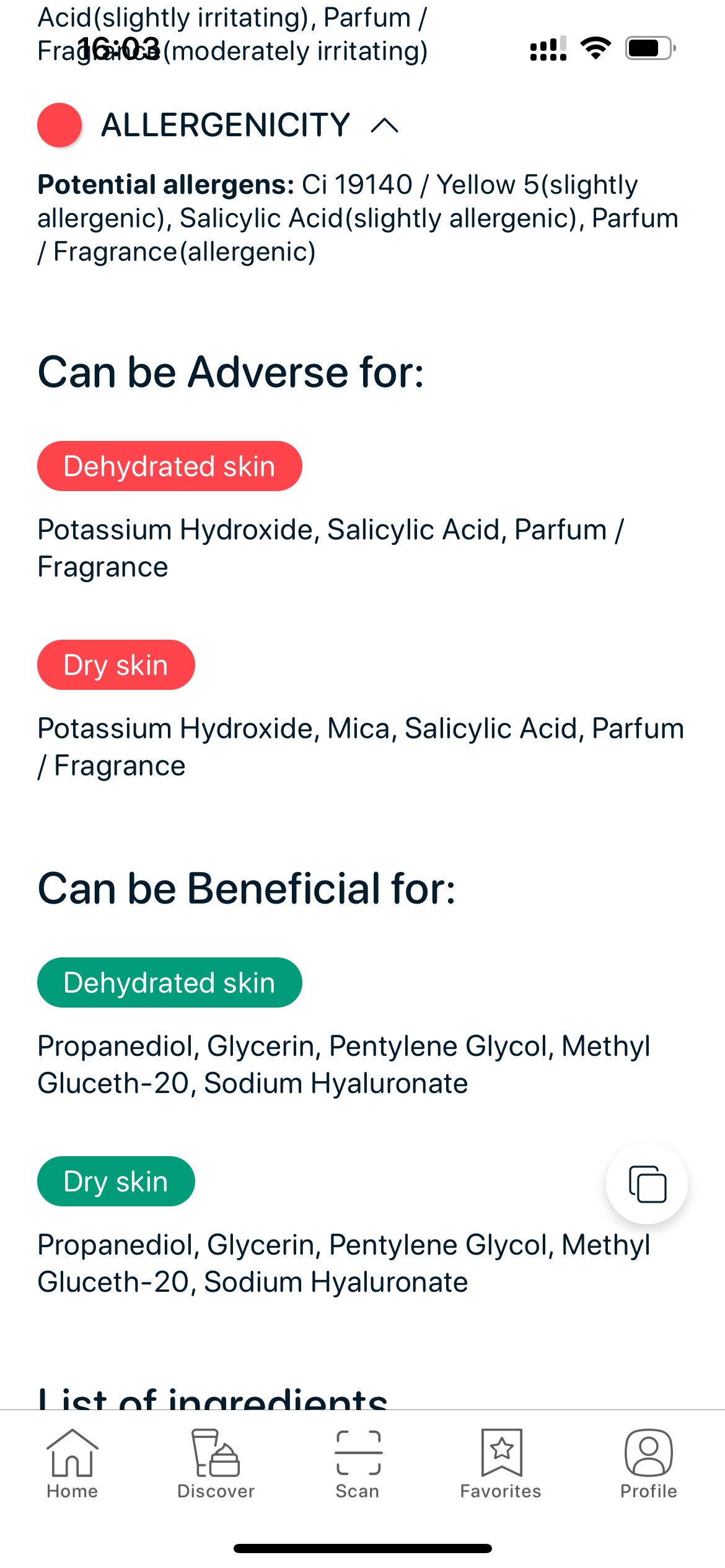 SkinBuddy ingredient analysis showing which formula ingredients are bad for dehydrated or dry skin and which ones help restore moisture.