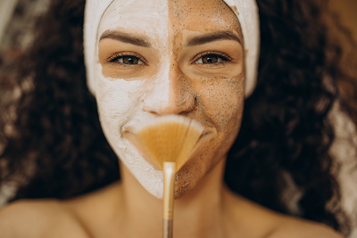 Face showing different exfoliation types with facial scrub and mask illustrating skin exfoliation methods