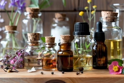 Essential oils used in skincare with botanical extracts and glass bottles often linked to fragrance irritation in sensitive skin