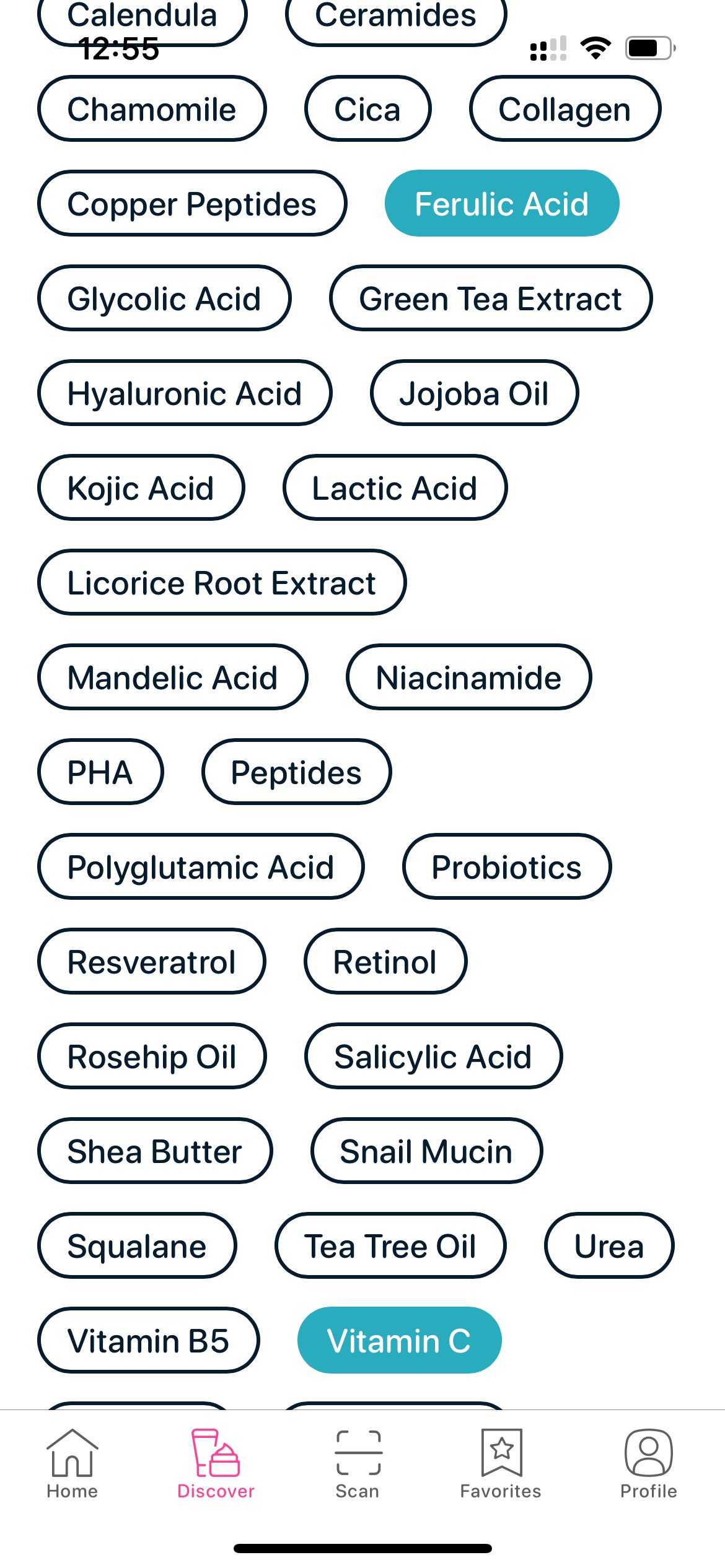 SkinBuddy app showing Ferulic Acid and Vitamin C selected — key antioxidant duo for brightening and anti-aging skincare.