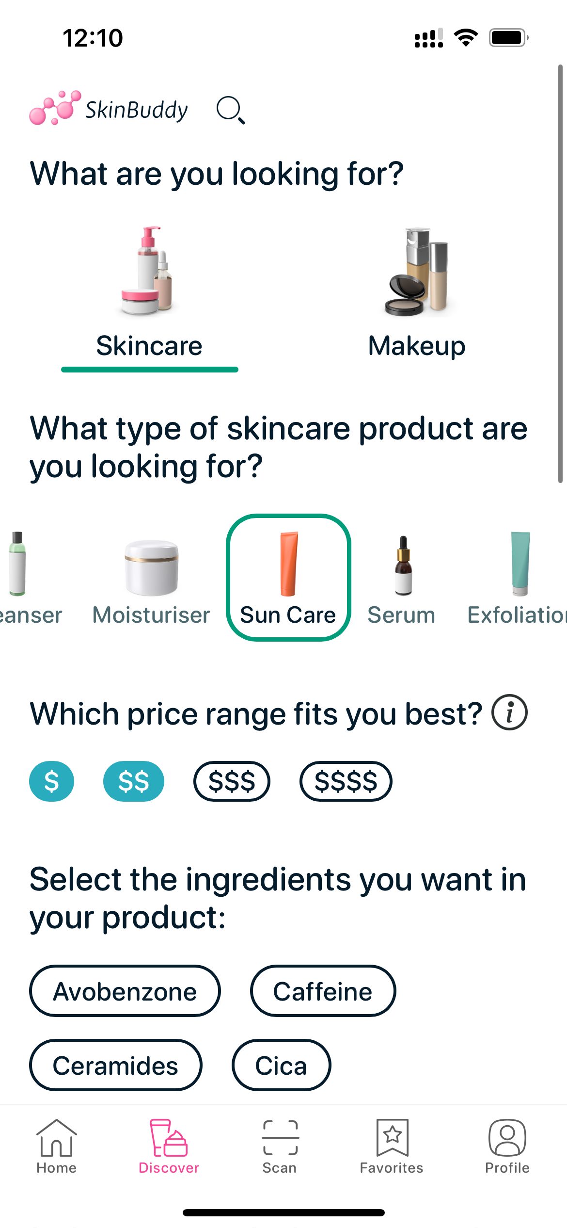 SkinBuddy Discover screen selecting Sun Care with price filters — start finding the best non-comedogenic sunscreen for acne-prone, sensitive skin.