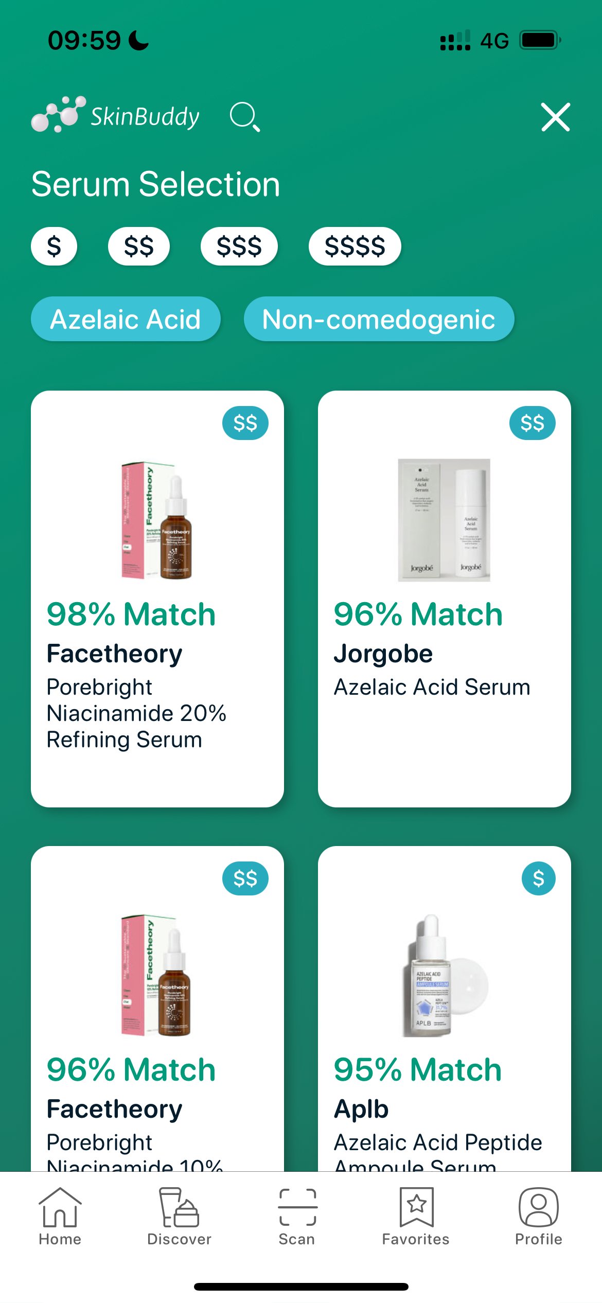 SkinBuddy app displaying top-matched azelaic acid serums based on skin profile and ingredient filters