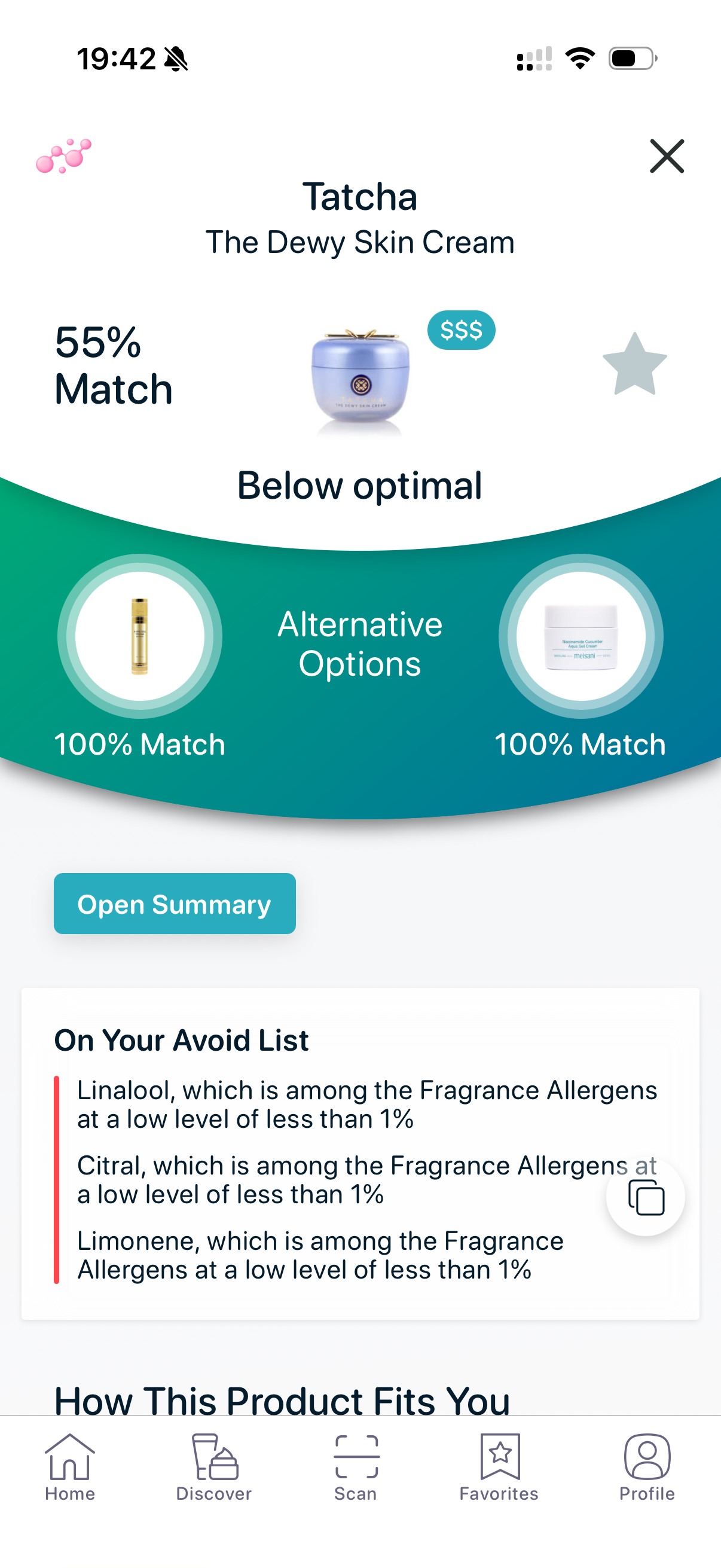 SkinBuddy app identifying fragrance allergens like linalool, limonene and citral in a skincare product ingredient list