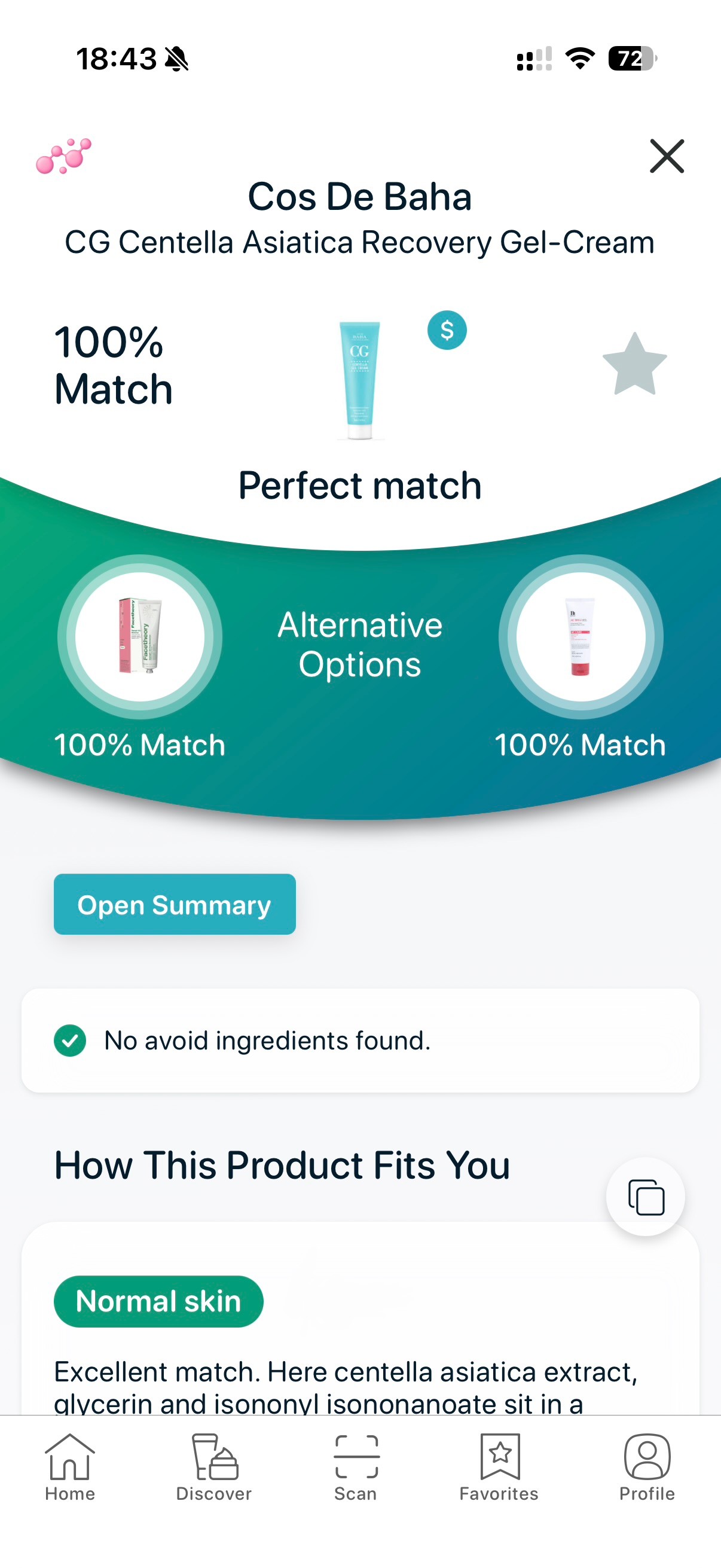 Fragrance-free centella asiatica gel moisturizer shown as a perfect match for sensitive and acne-prone skin in the SkinBuddy app.