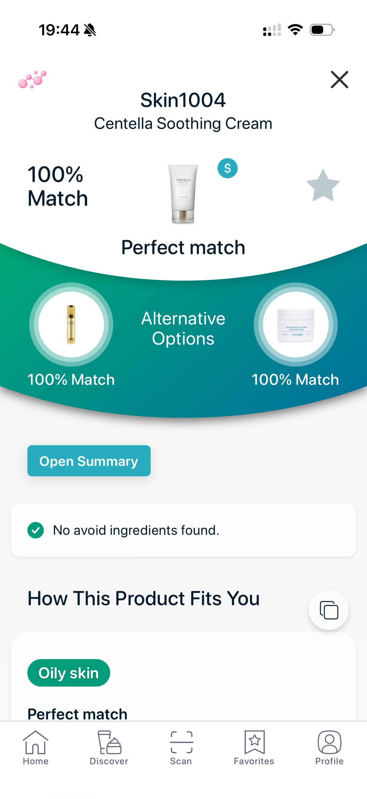 SkinBuddy app showing a fragrance free skincare product