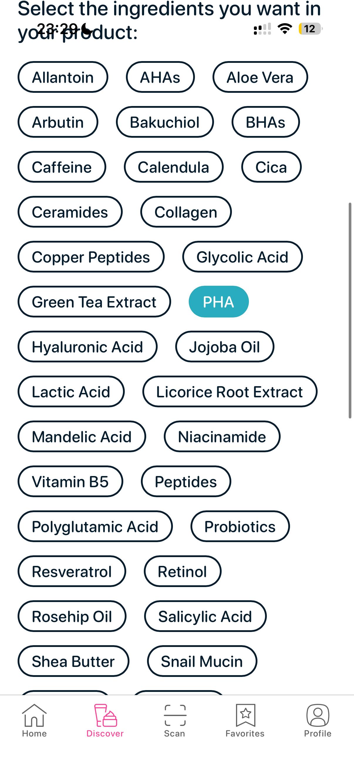 SkinBuddy Discover screen where users choose ingredients like PHA, ceramides, niacinamide, and AHAs.