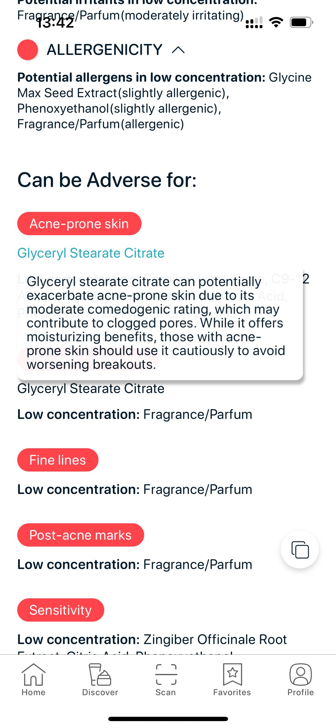 SkinBuddy ingredient analysis — glyceryl stearate citrate flagged as comedogenic for acne-prone skin.