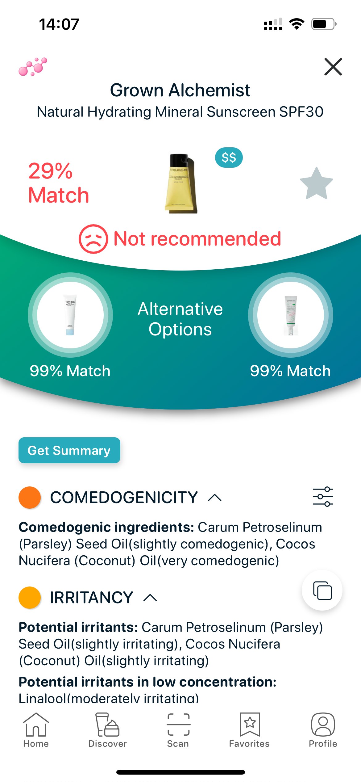 SkinBuddy review of Grown Alchemist SPF showing coconut oil and parsley seed oil as comedogenic ingredients.
