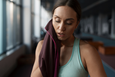 Woman wiping sweat with a towel at the gym — post-workout skincare to prevent gym acne from sweat, heat, and friction.