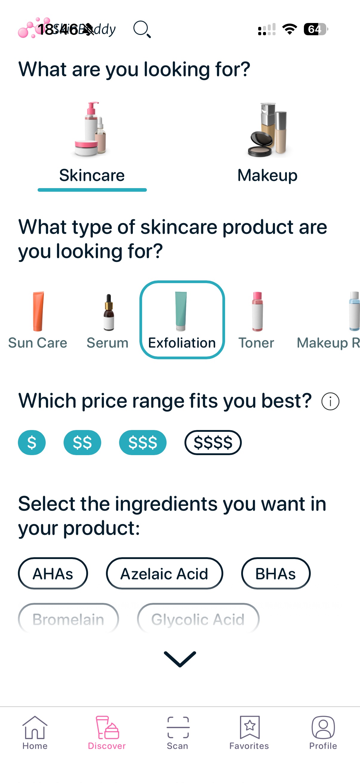 SkinBuddy app filters helping choose the best exfoliation product based on skin needs