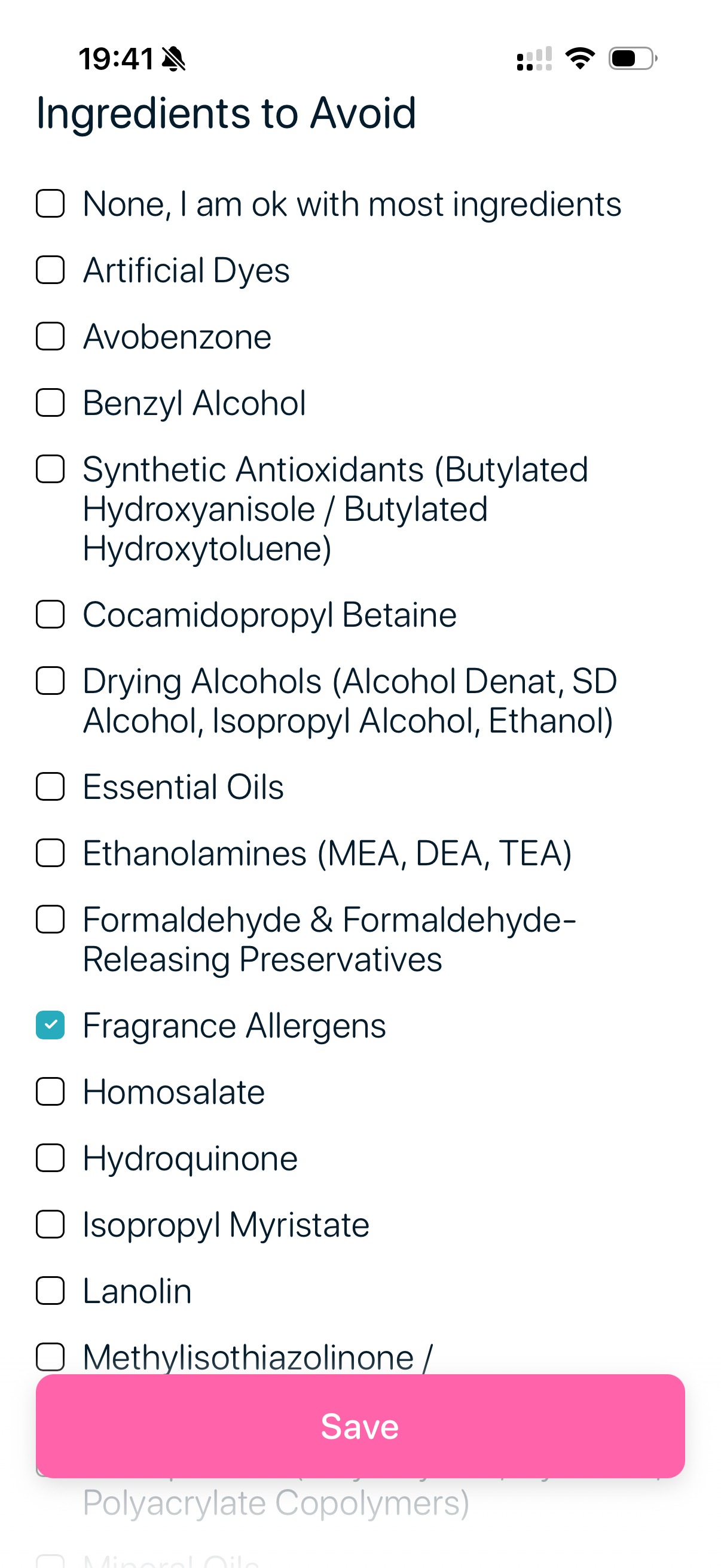 SkinBuddy app showing fragrance allergens added to ingredients to avoid list in skin profile