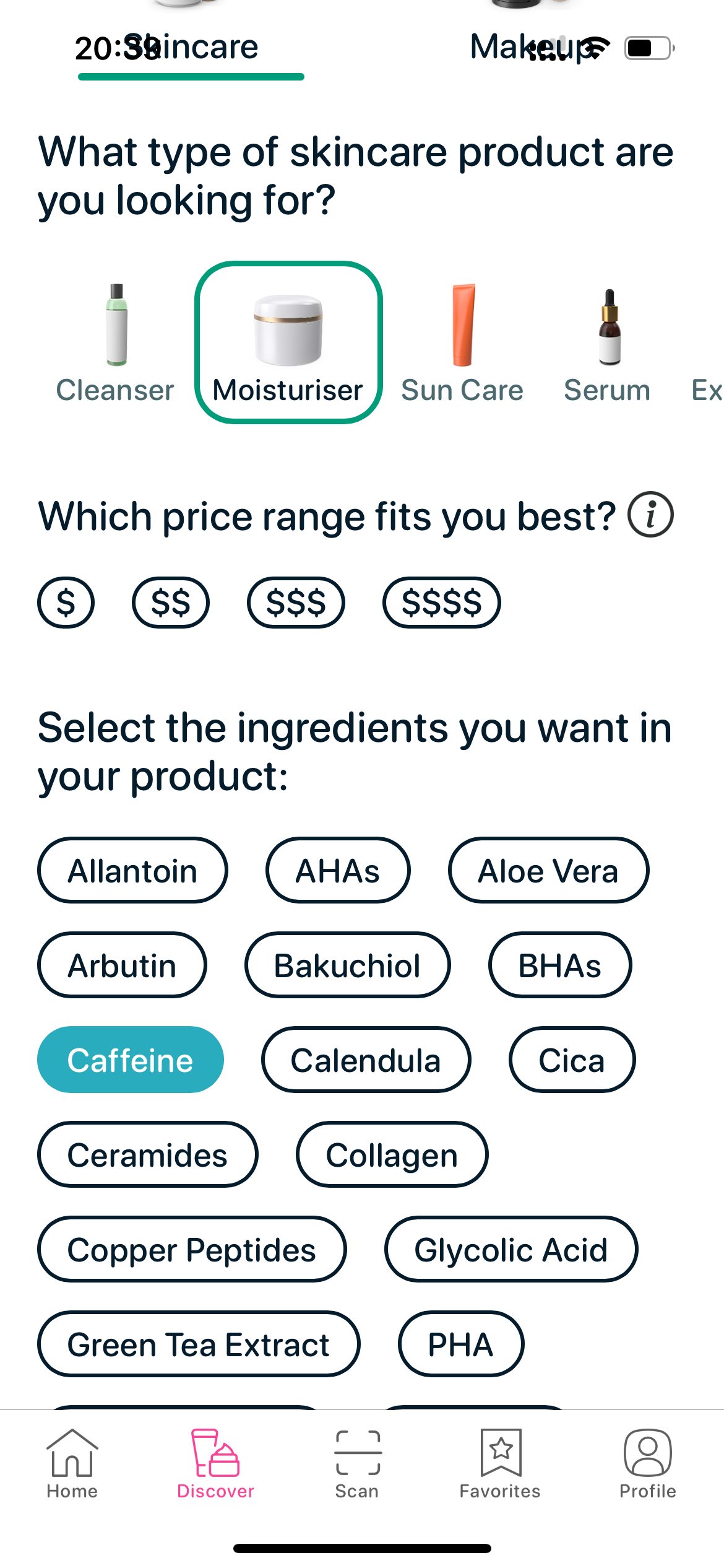 SkinBuddy Discover—how to find caffeine moisturizers: select Moisturiser, set price, and apply the Caffeine filter for de-puffing, non-comedogenic picks