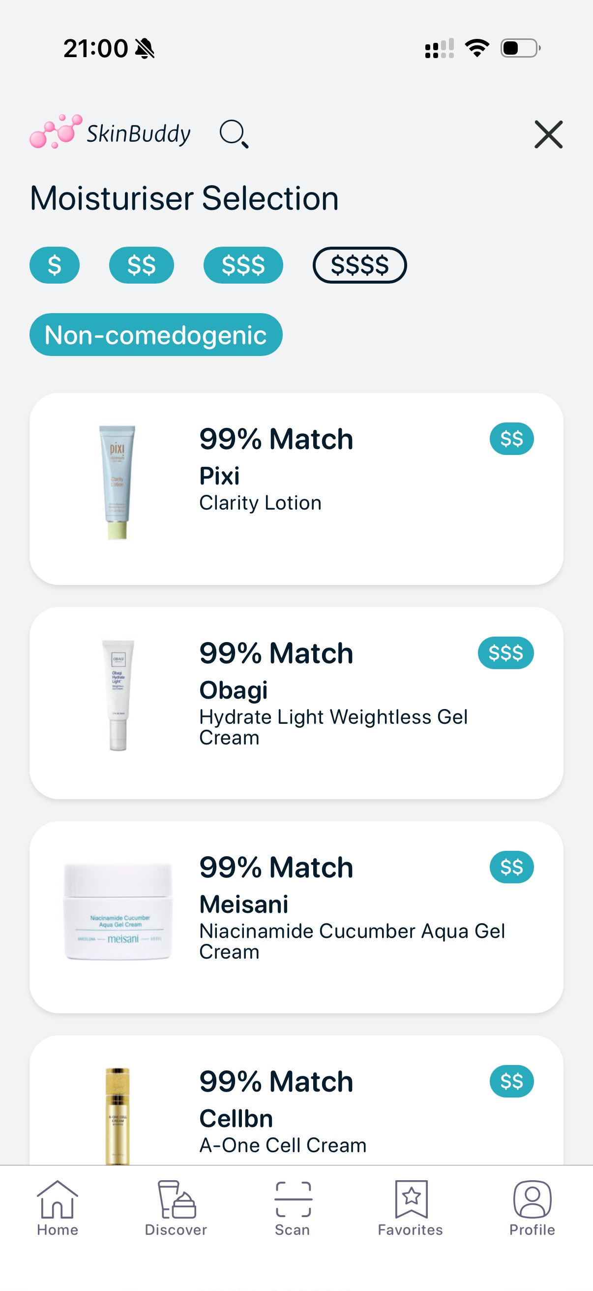 Skincare app showing best non-comedogenic moisturizers for acne-prone and sensitive skin