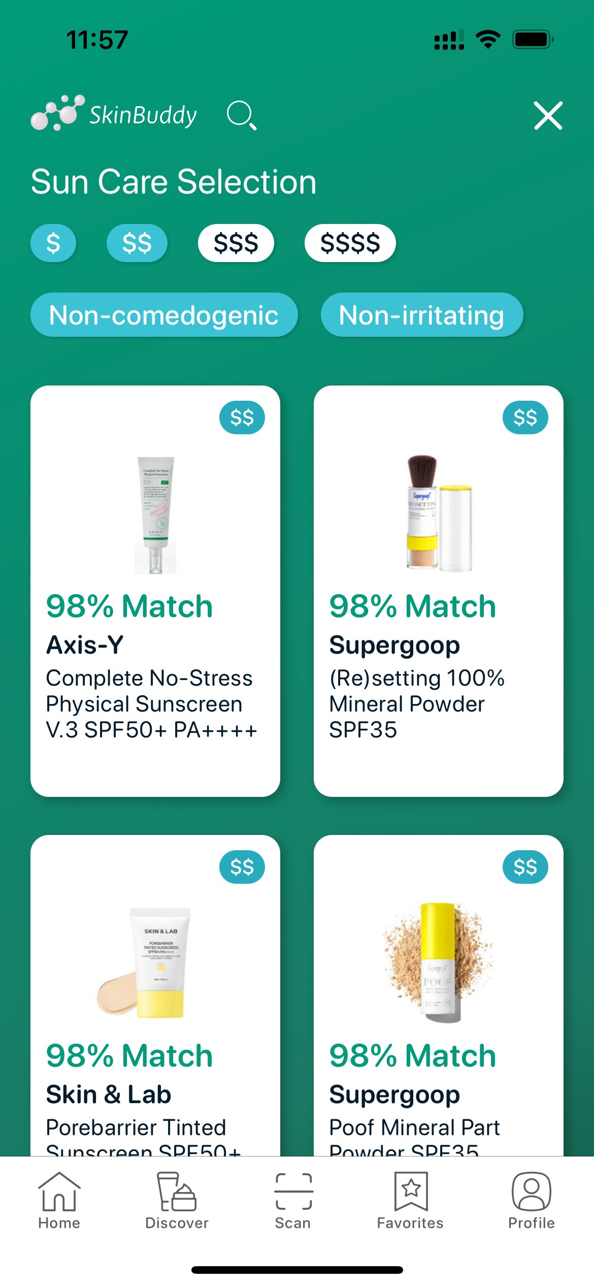 SkinBuddy Sun Care Selection — Non-comedogenic and Non-irritating filters enabled to list acne-safe mineral sunscreens with high match scores