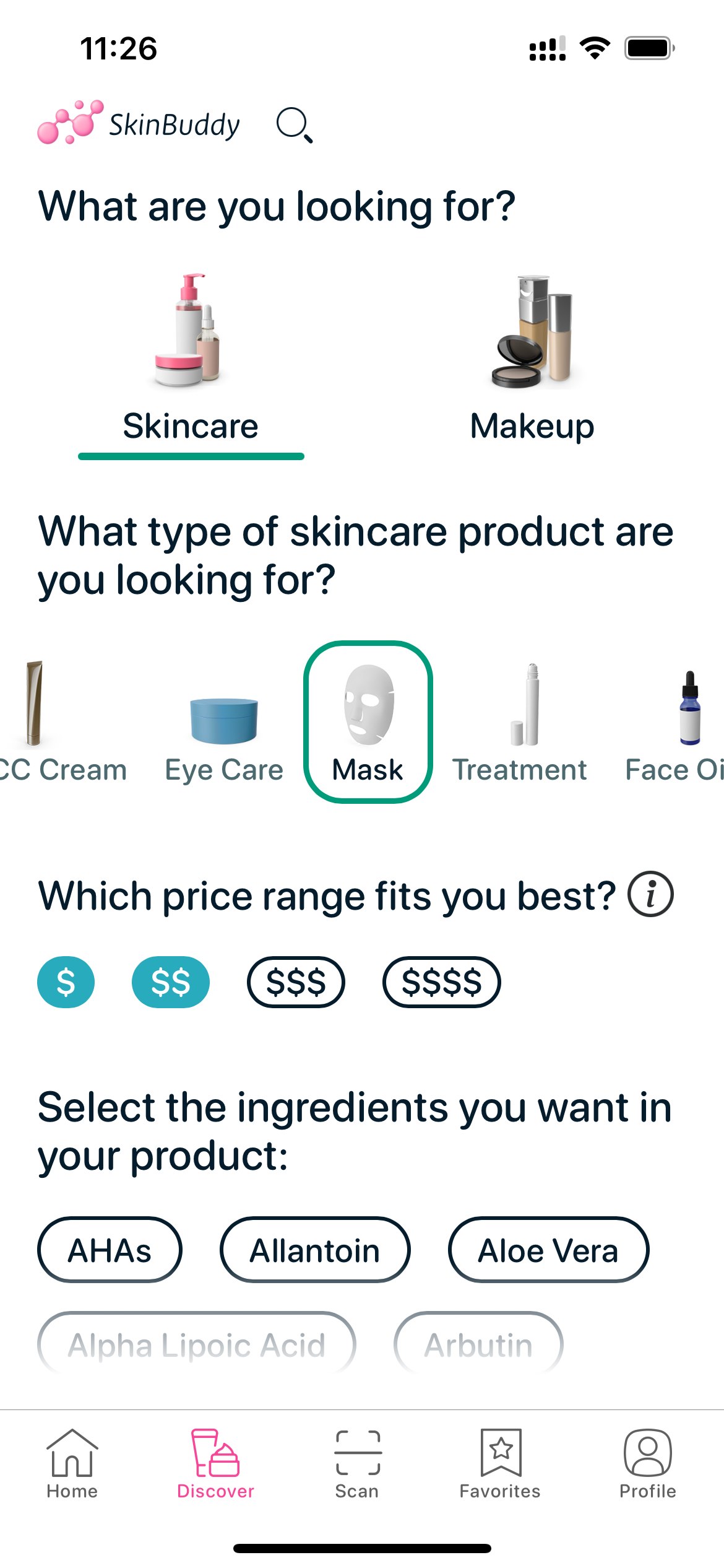 SkinBuddy Discover screen selecting Mask under Skincare, setting price and choosing ingredients to find non-comedogenic, acne-safe sheet masks