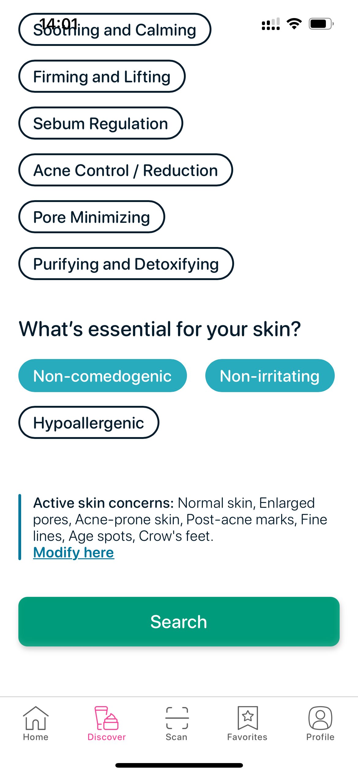 SkinBuddy app filters for non-comedogenic and non-irritating kojic acid skincare products
