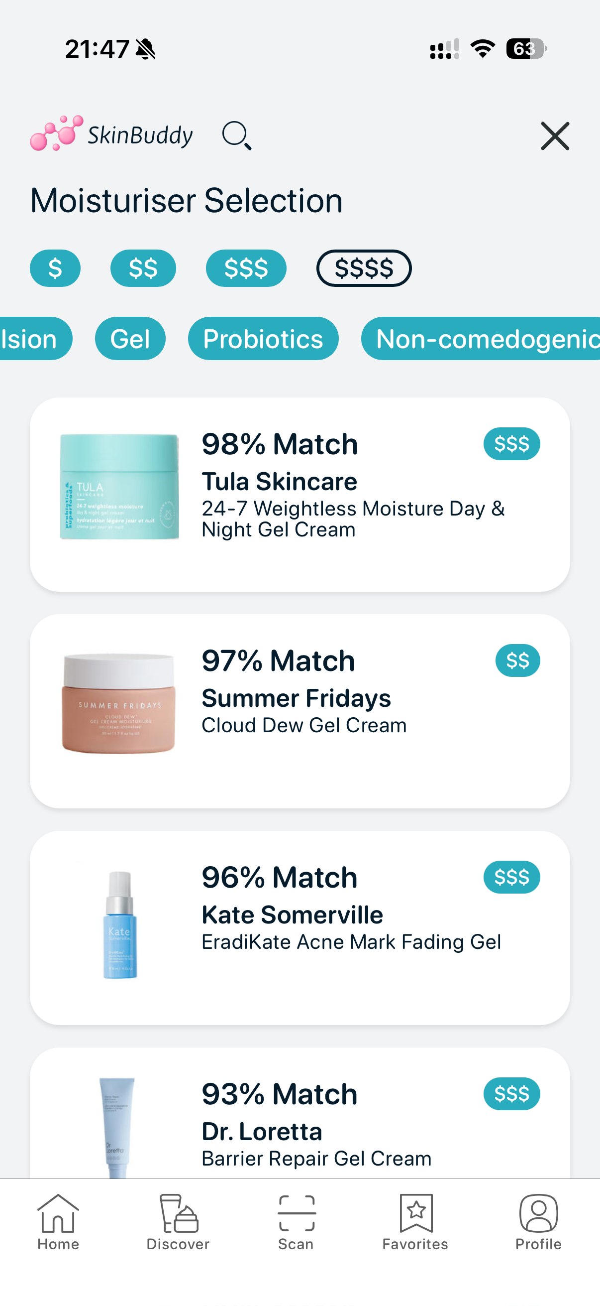Finding skincare with probiotics using ingredient search in SkinBuddy