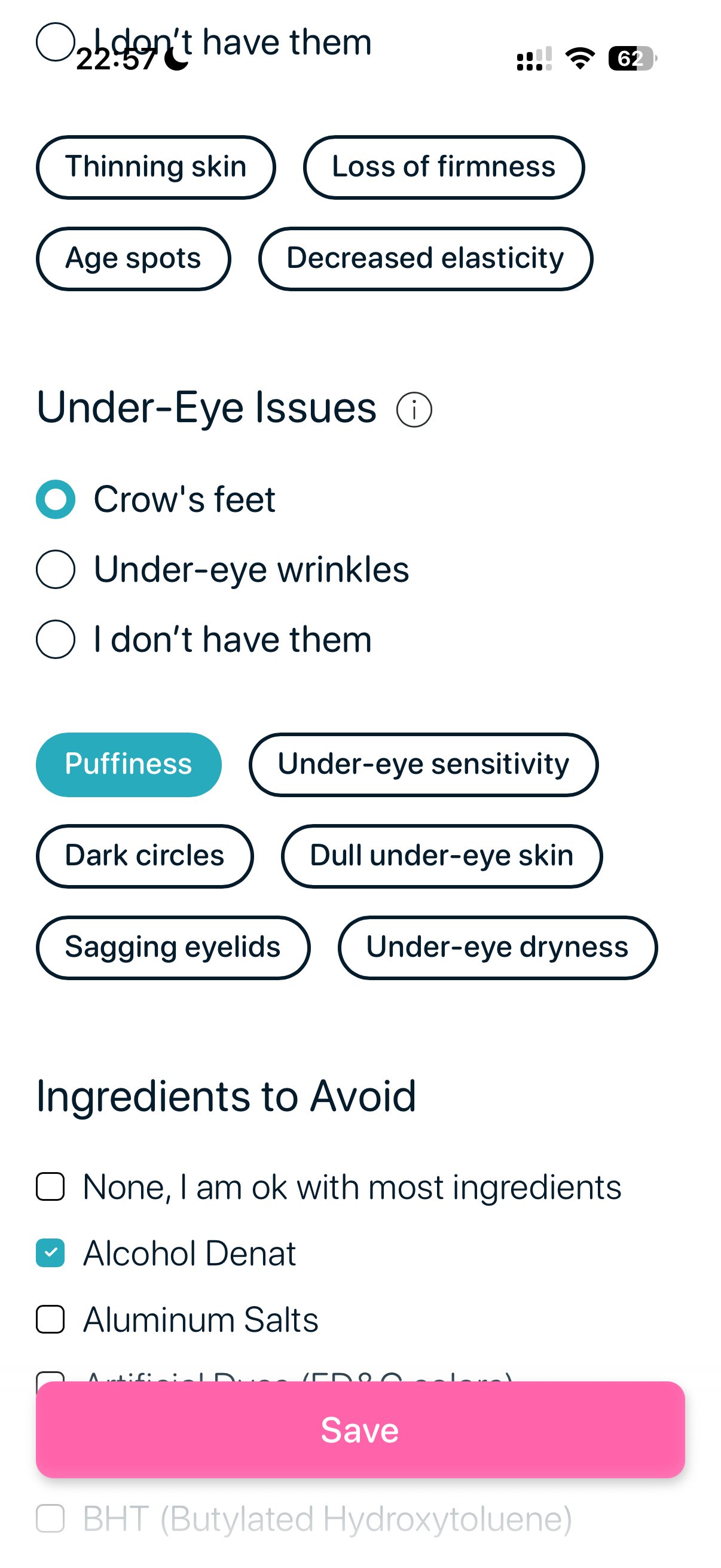 SkinBuddy profile setup where users select crow’s feet and under-eye concerns to receive targeted product recommendations.