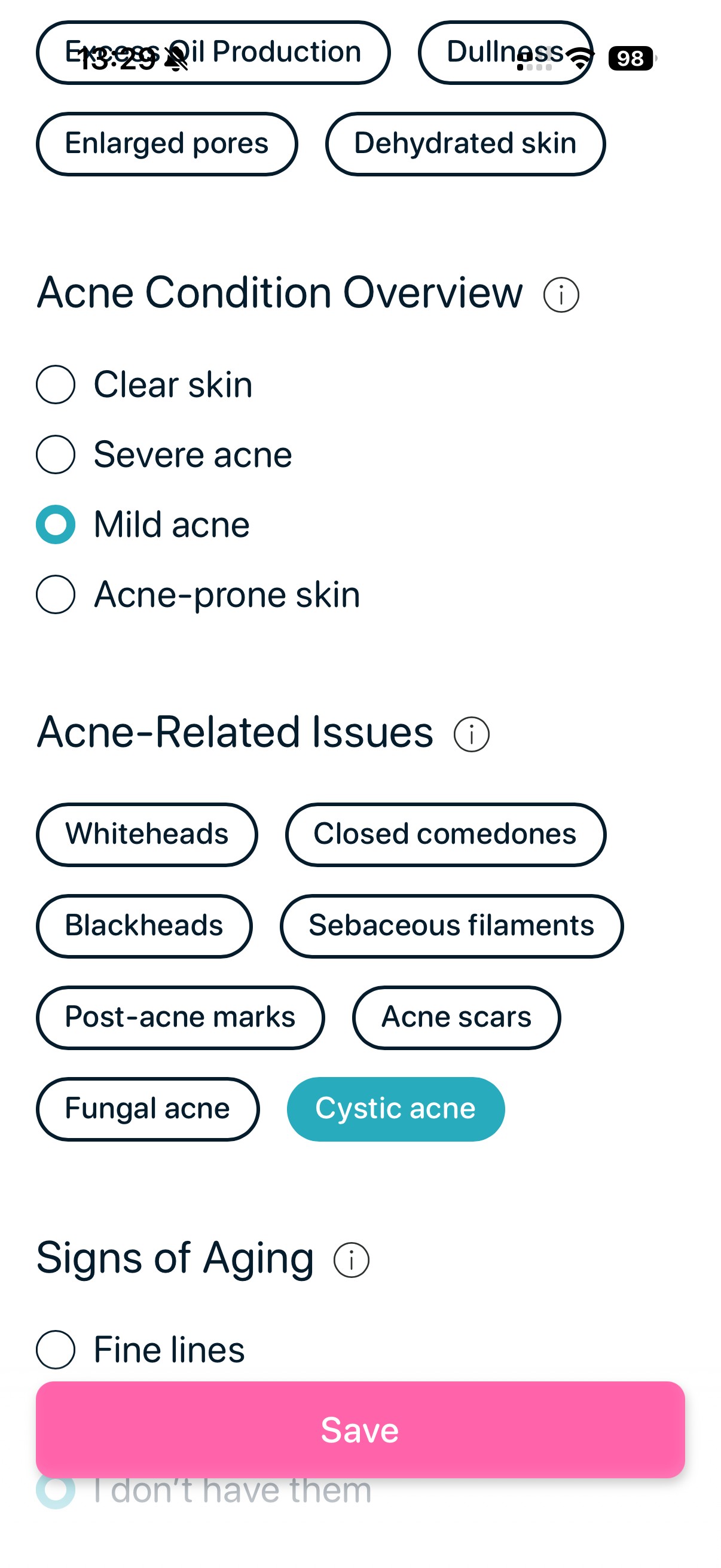 SkinBuddy app skin profile showing cystic acne selected, helping personalize treatment and skincare for deep inflammatory acne.