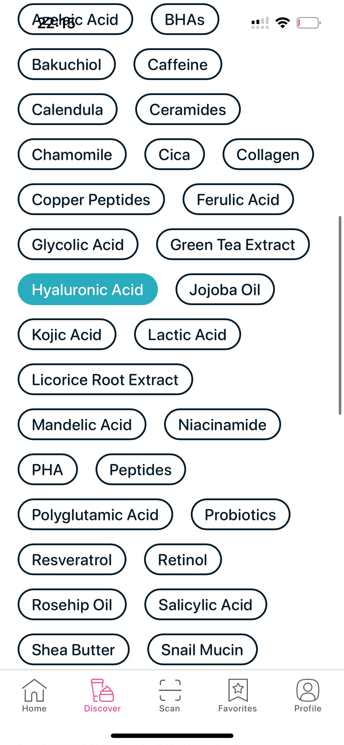 SkinBuddy ingredient filter highlighting Hyaluronic Acid among humectants and antioxidants for optimal skin hydration and barrier support