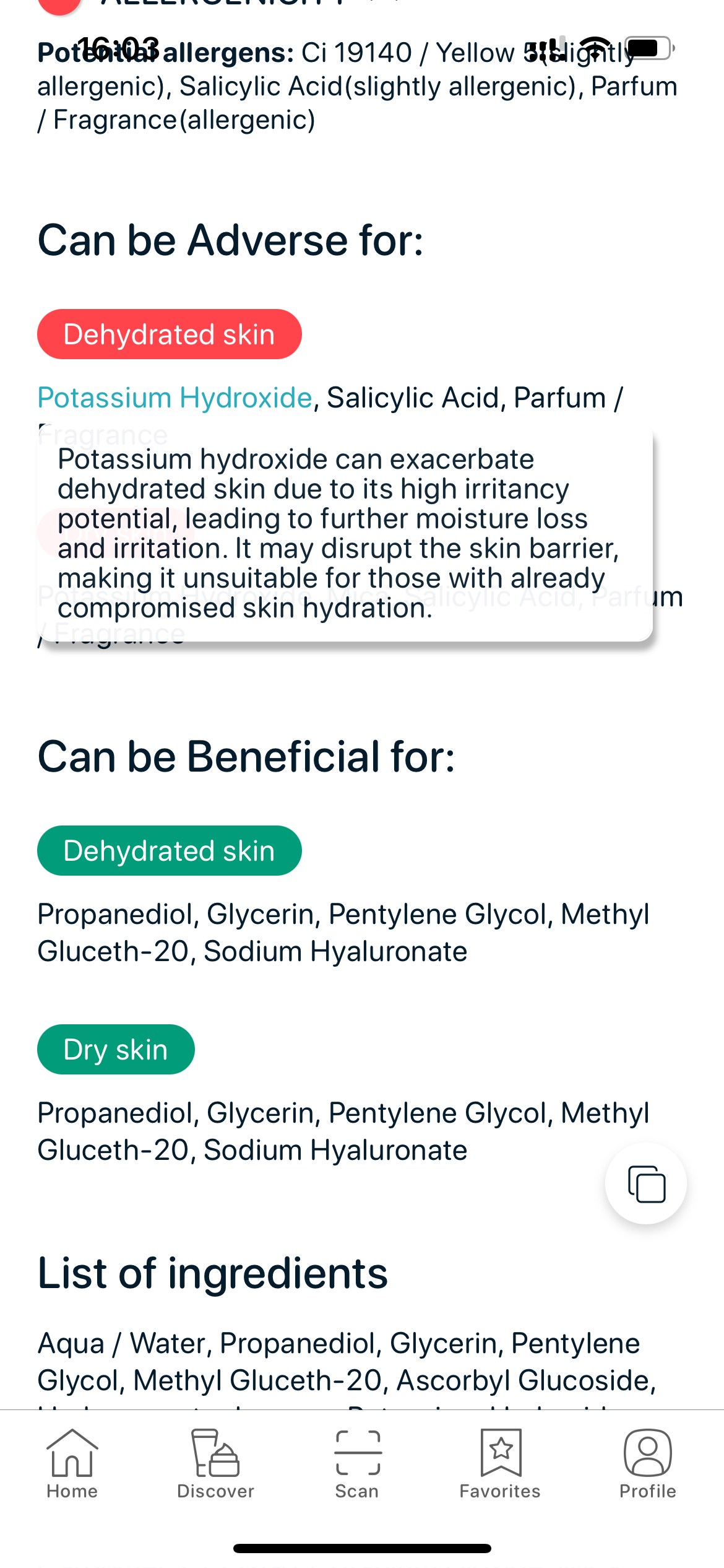 Detailed ingredient risk explanation in SkinBuddy for dehydrated skin, highlighting barrier disruption and moisture loss.